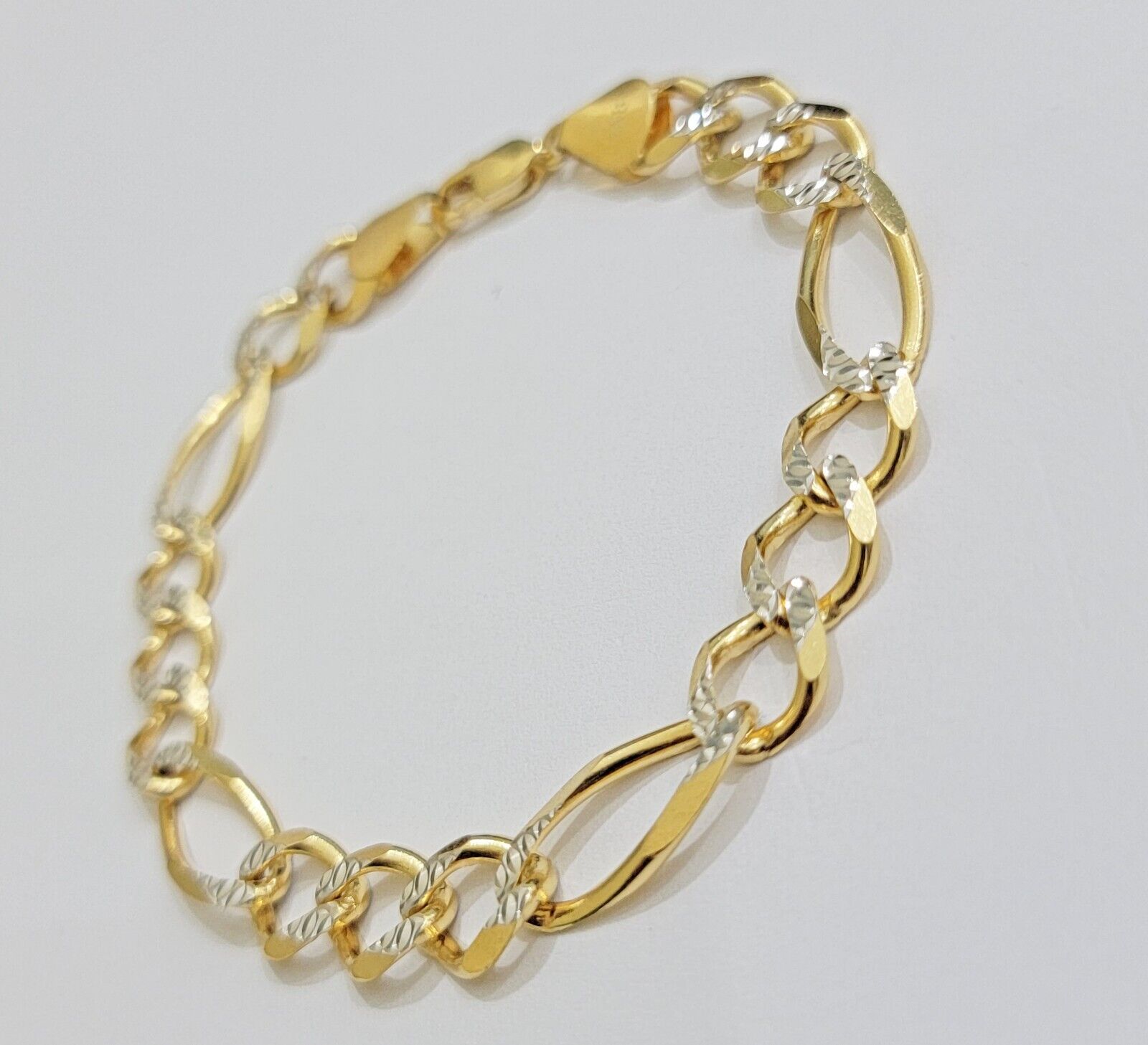REAL 10k Gold Bracelet Figaro Link Solid Yellow Gold 8.5" 9mm Two - tone Diamond - GoldenlinQ