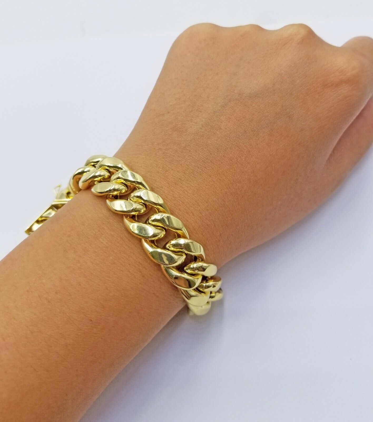 Real 10k Gold Bracelet Miami Cuban Link 8.5 Inch 15mm Box clasp Thick Strong 10k - GoldenlinQ