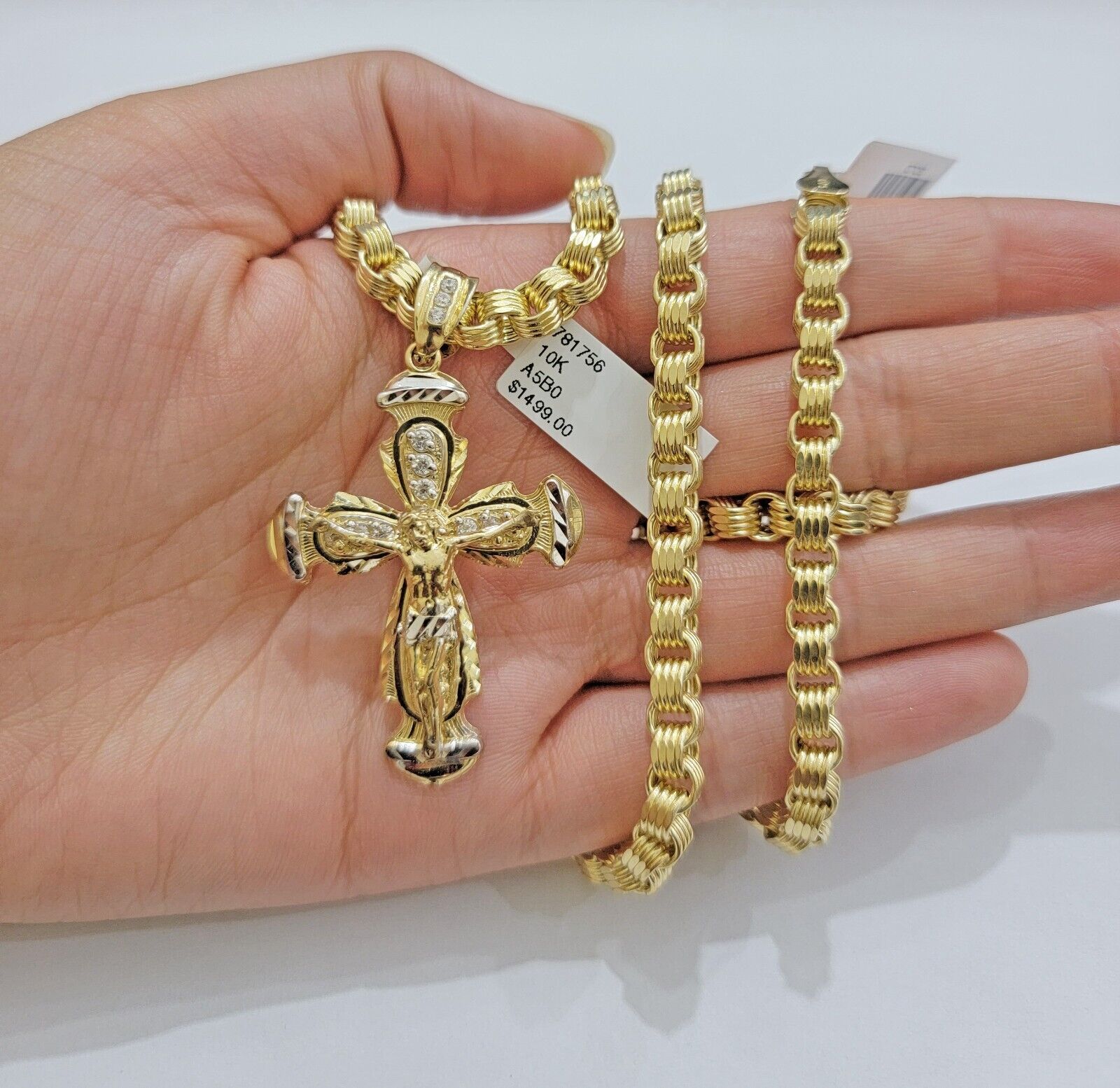 REAL 10k Gold byzantine Chain Cross Pendant Set 5mm Necklace & Jesus Crucifix - GoldenlinQ