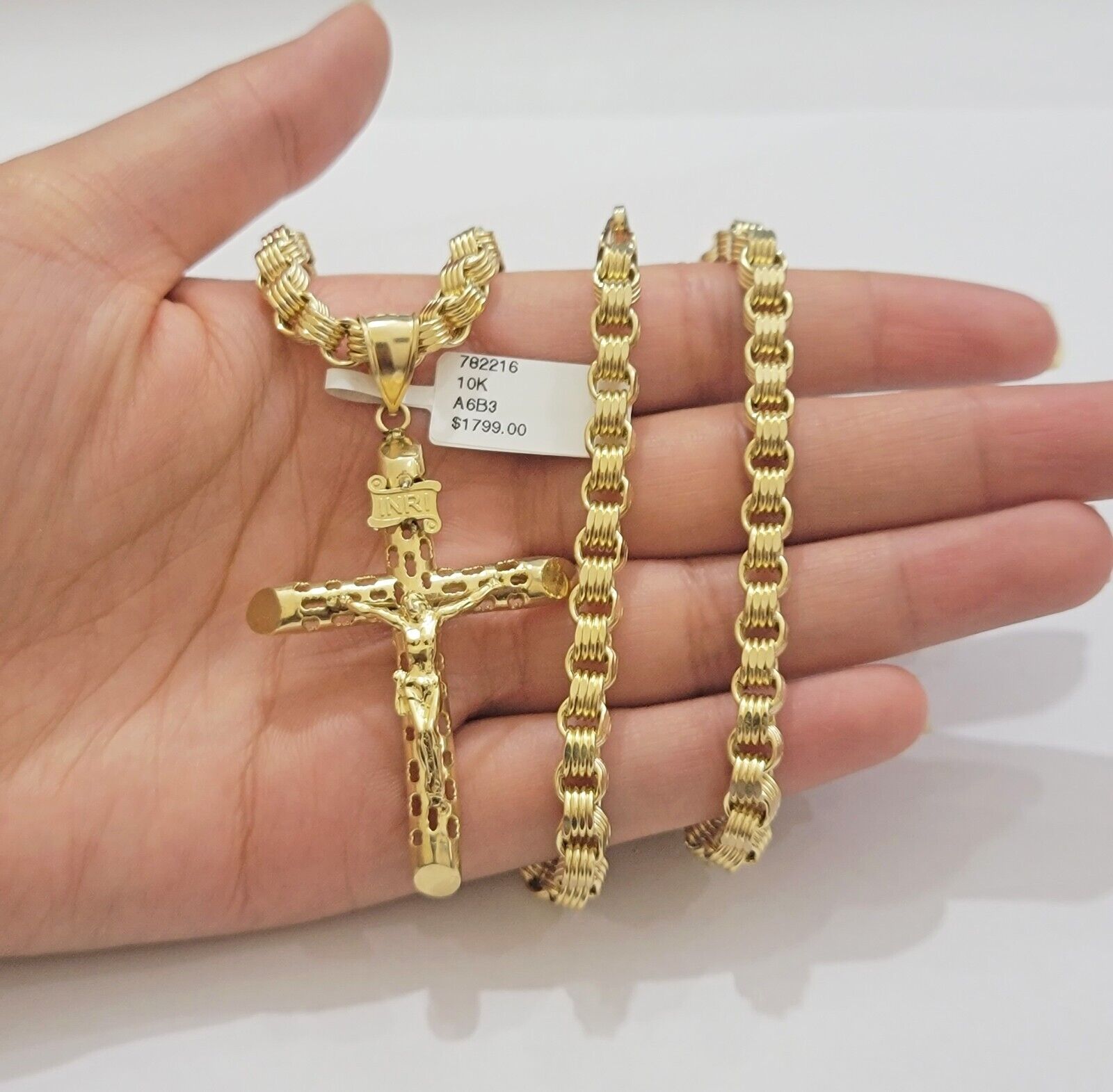 Real 10k Gold byzantine Chain Pendant Set 5mm Necklace With Jesus Cross Charm - GoldenlinQ