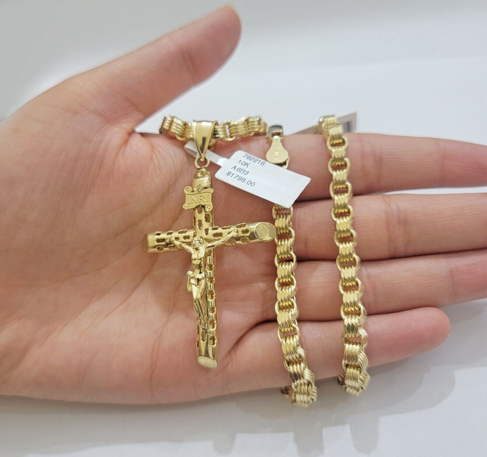Real 10k Gold byzantine Chain Pendant Set 5mm Necklace With Jesus Cross Charm - GoldenlinQ