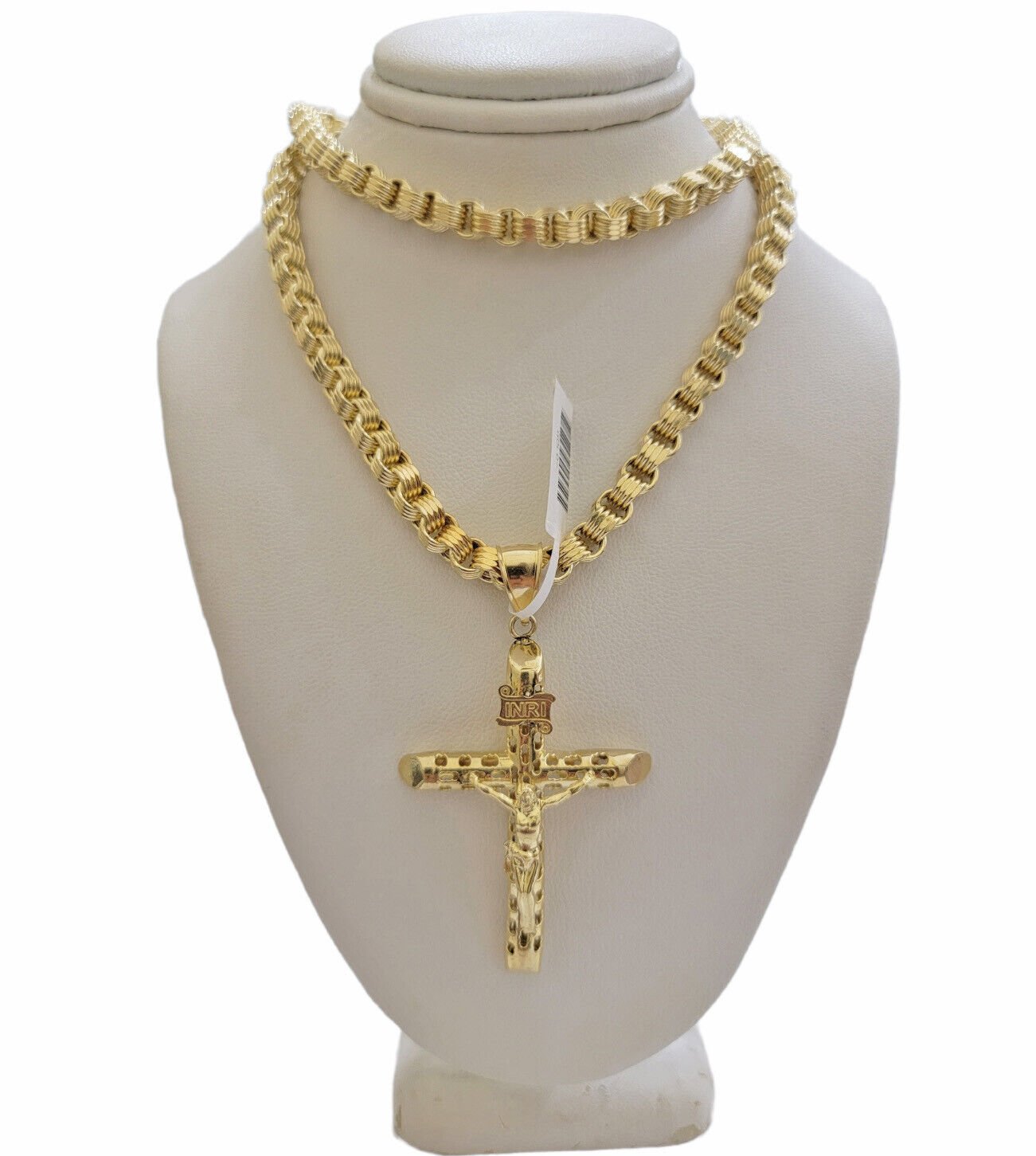 Real 10k Gold byzantine Chain Pendant Set 5mm Necklace With Jesus Cross Charm - GoldenlinQ