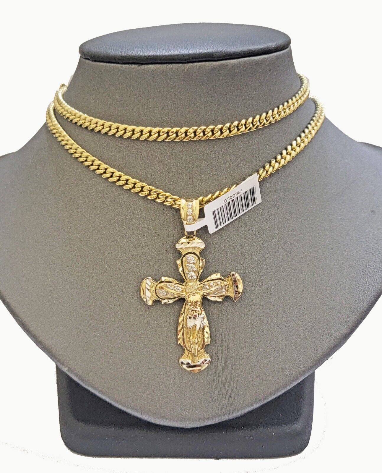 Real 10k Gold Chain Charm Set Cross Pendant Miami Cuban link Necklace 5mm 18 - 28" - GoldenlinQ