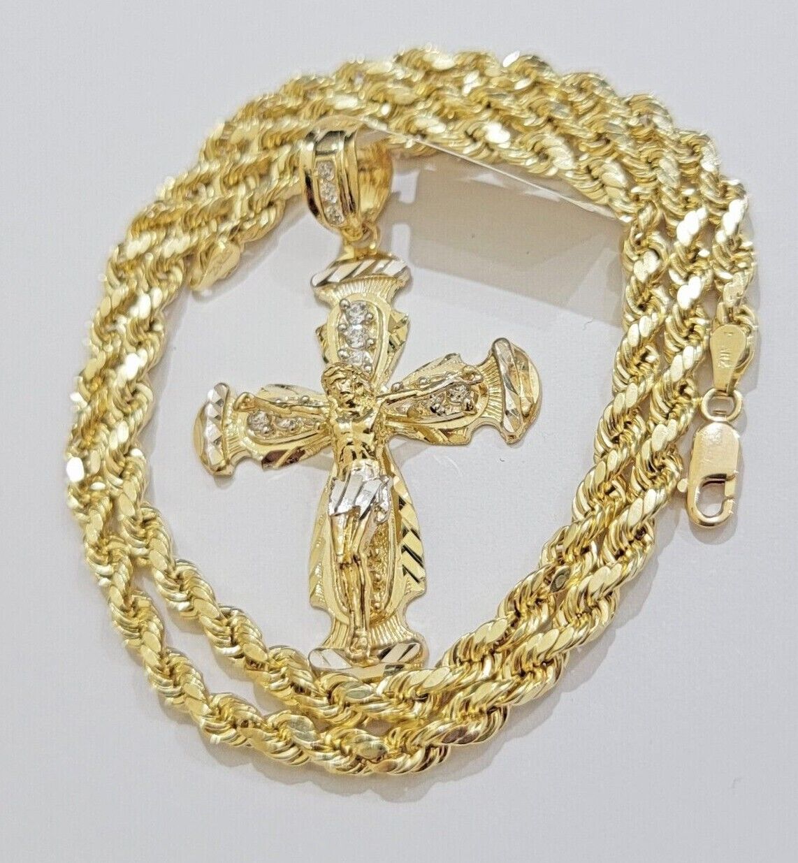 Real 10k Gold Chain Charm Set Jesus Cross Pendant Rope Necklace 5mm 18" - 28" Mens - GoldenlinQ
