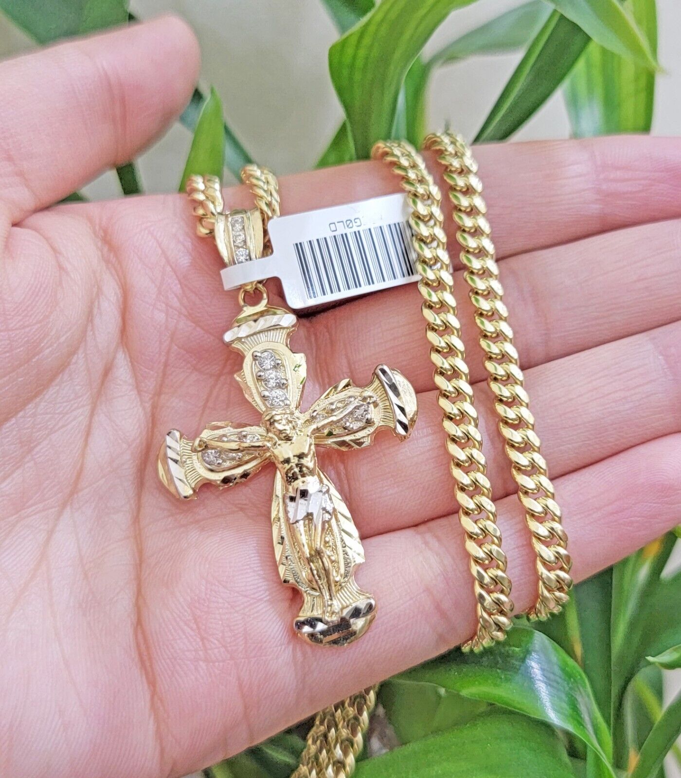 Real 10k Gold Chain & cross charm pendant SET Miami Cuban link necklace 5 mm 20" - GoldenlinQ