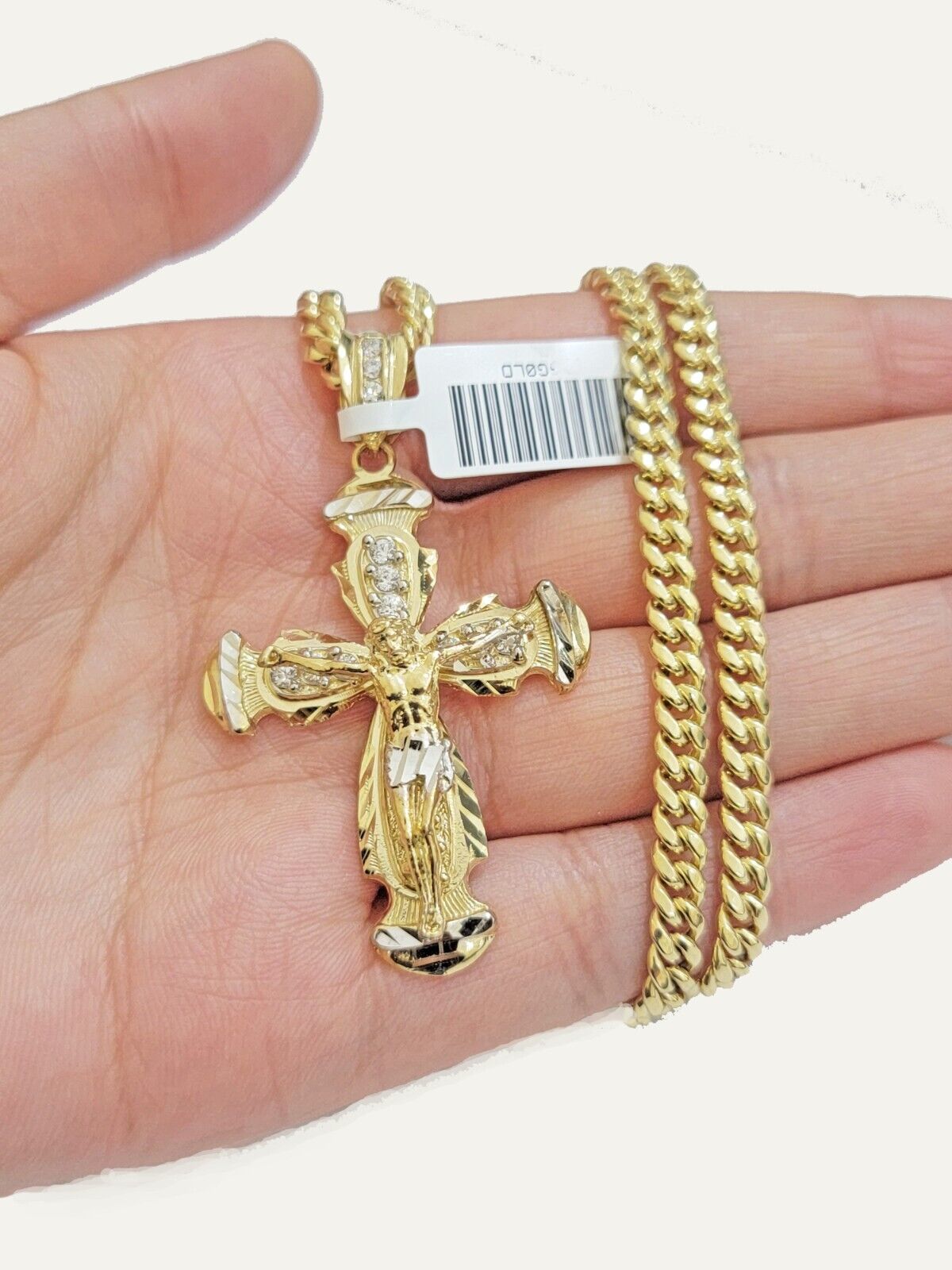 Real 10k Gold Chain & cross charm pendant SET Miami Cuban link necklace 5 mm 22" - GoldenlinQ