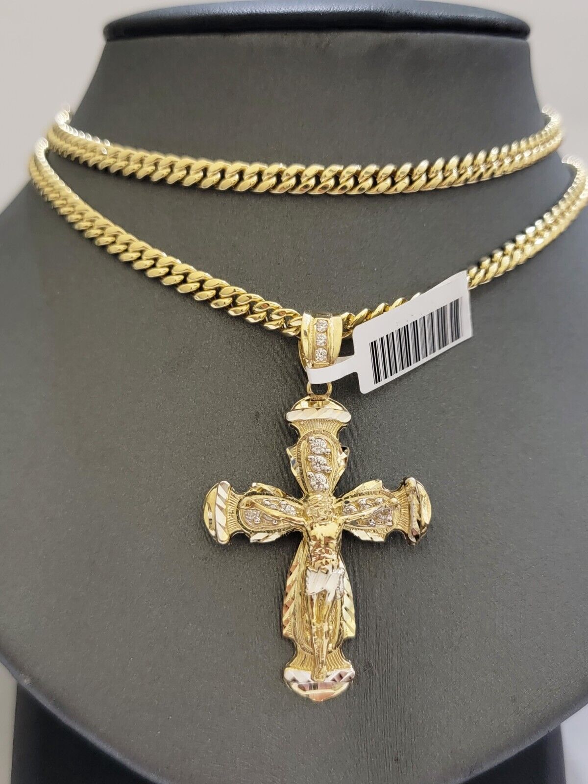 Real 10k Gold Chain & cross charm pendant SET Miami Cuban link necklace 5 mm 22" - GoldenlinQ