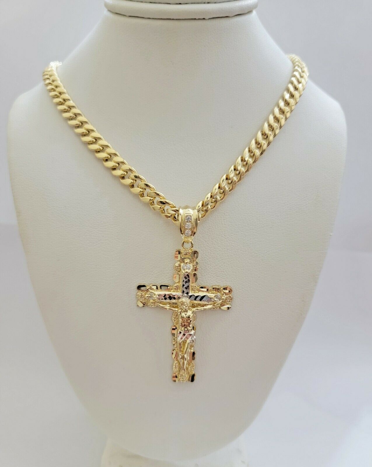 Real 10k Gold Chain Cross SET Miami Cuban Link Necklace 6mm 24" 26" 28" Crucifix - GoldenlinQ
