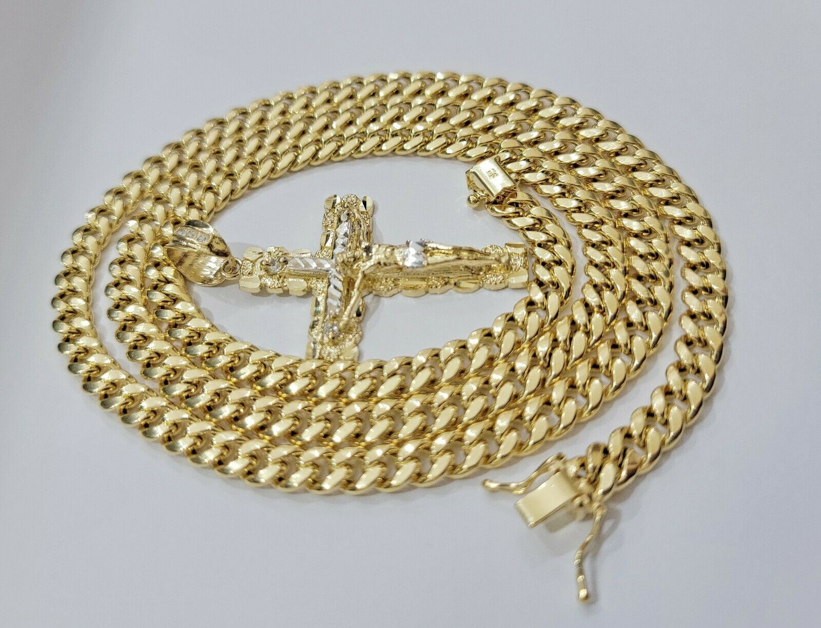 Real 10k Gold Chain Cross SET Miami Cuban Link Necklace 6mm 24" 26" 28" Crucifix - GoldenlinQ