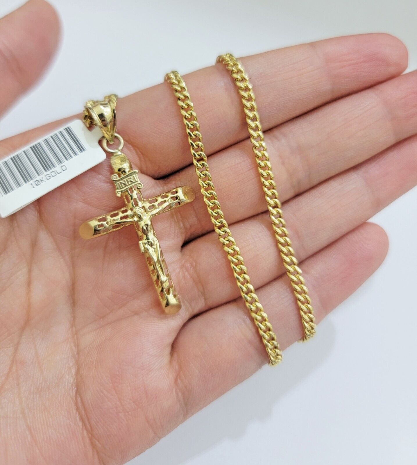 Real 10k Gold Chain Jesus Cross Charm Pendant SET 3mm Miami Cuban Link Necklace - GoldenlinQ