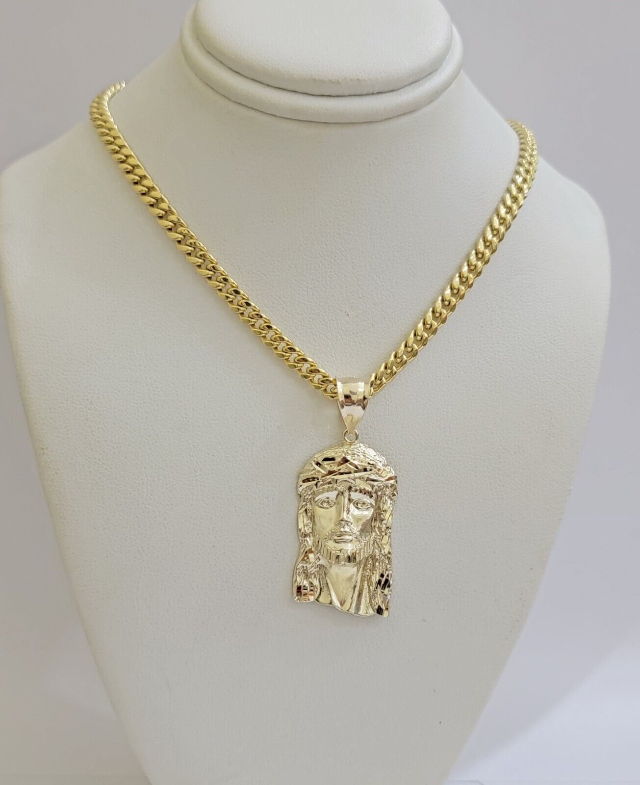 REAL 10k Gold Chain Necklace Charm Pendant SET, 5mm Miami Cuban Link, Jesus Head - GoldenlinQ