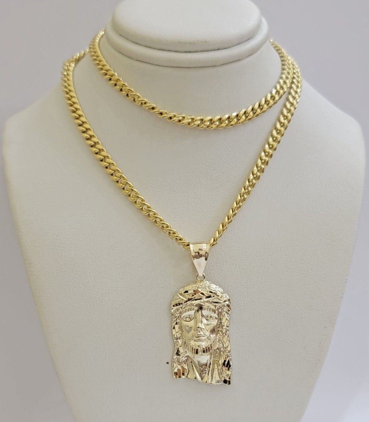 REAL 10k Gold Chain Necklace Charm Pendant SET, 5mm Miami Cuban Link, Jesus Head - GoldenlinQ