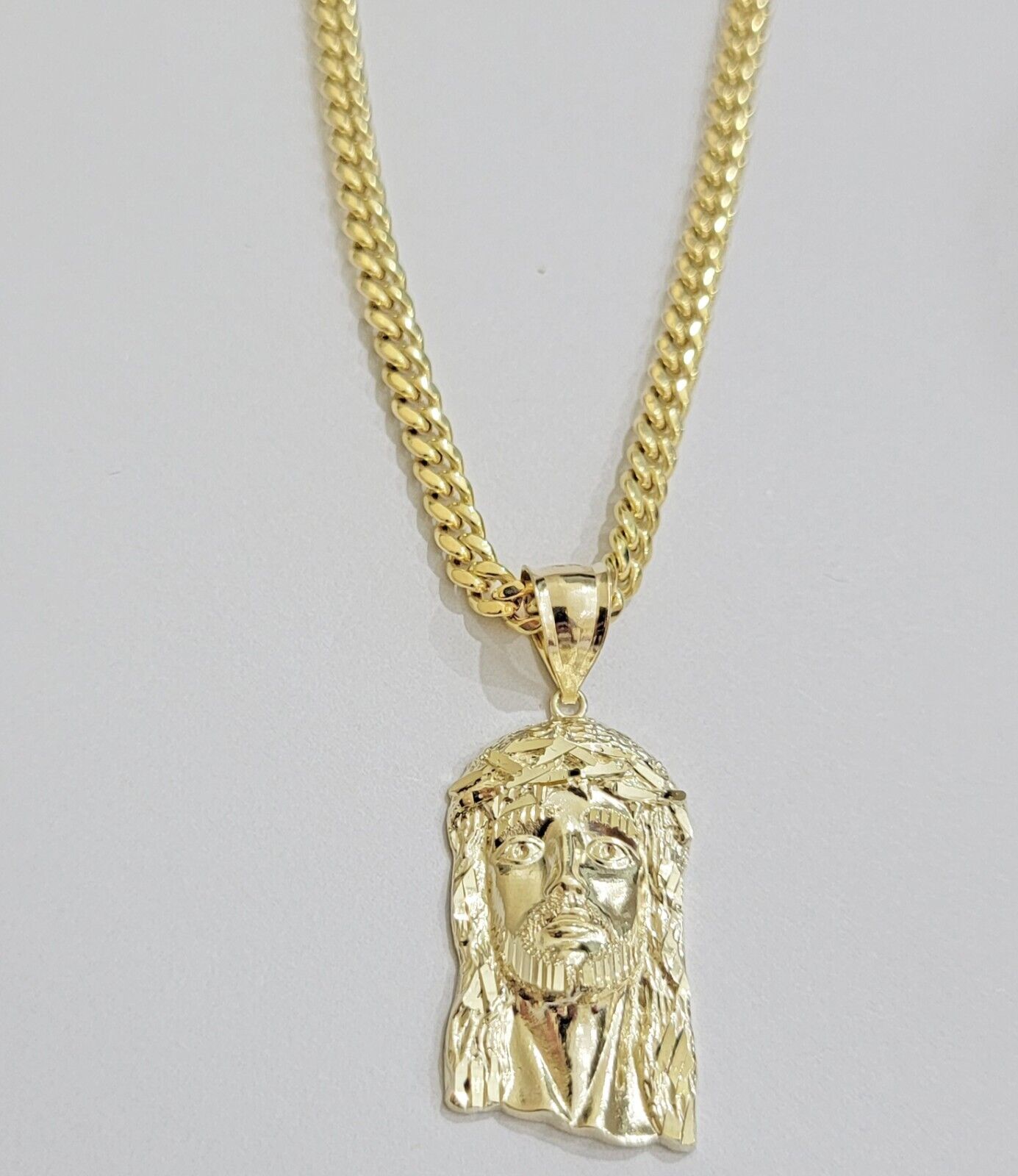 REAL 10k Gold Chain Necklace Charm Pendant SET, 5mm Miami Cuban Link, Jesus Head - GoldenlinQ
