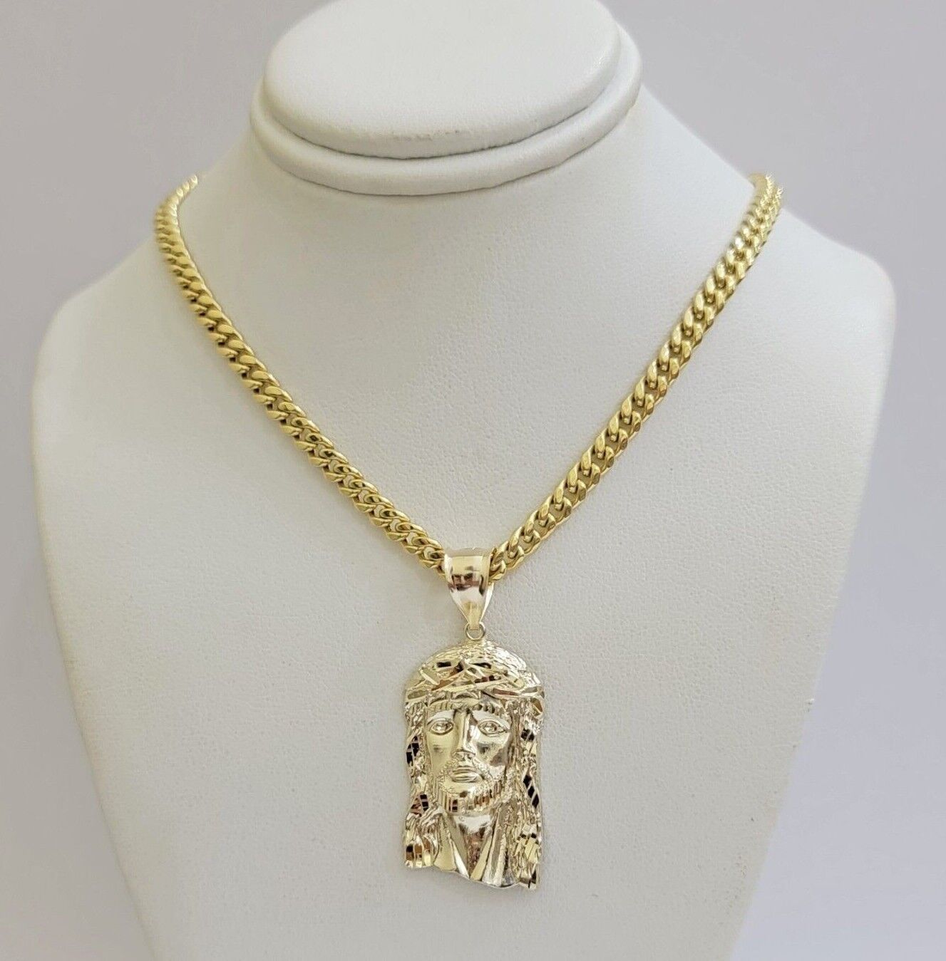 REAL 10k Gold Chain Necklace Charm Pendant SET, 5mm Miami Cuban Link, Jesus Head - GoldenlinQ