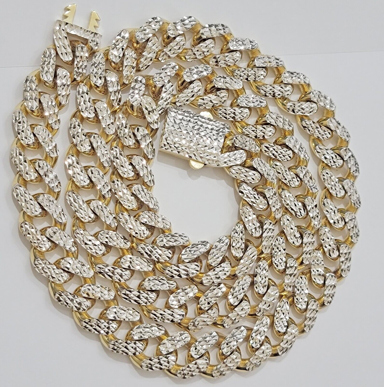 Real 10k Gold Chain Royal Miami Cuban Link Necklace 13mm 24" Rhodium Diamond Cut - GoldenlinQ