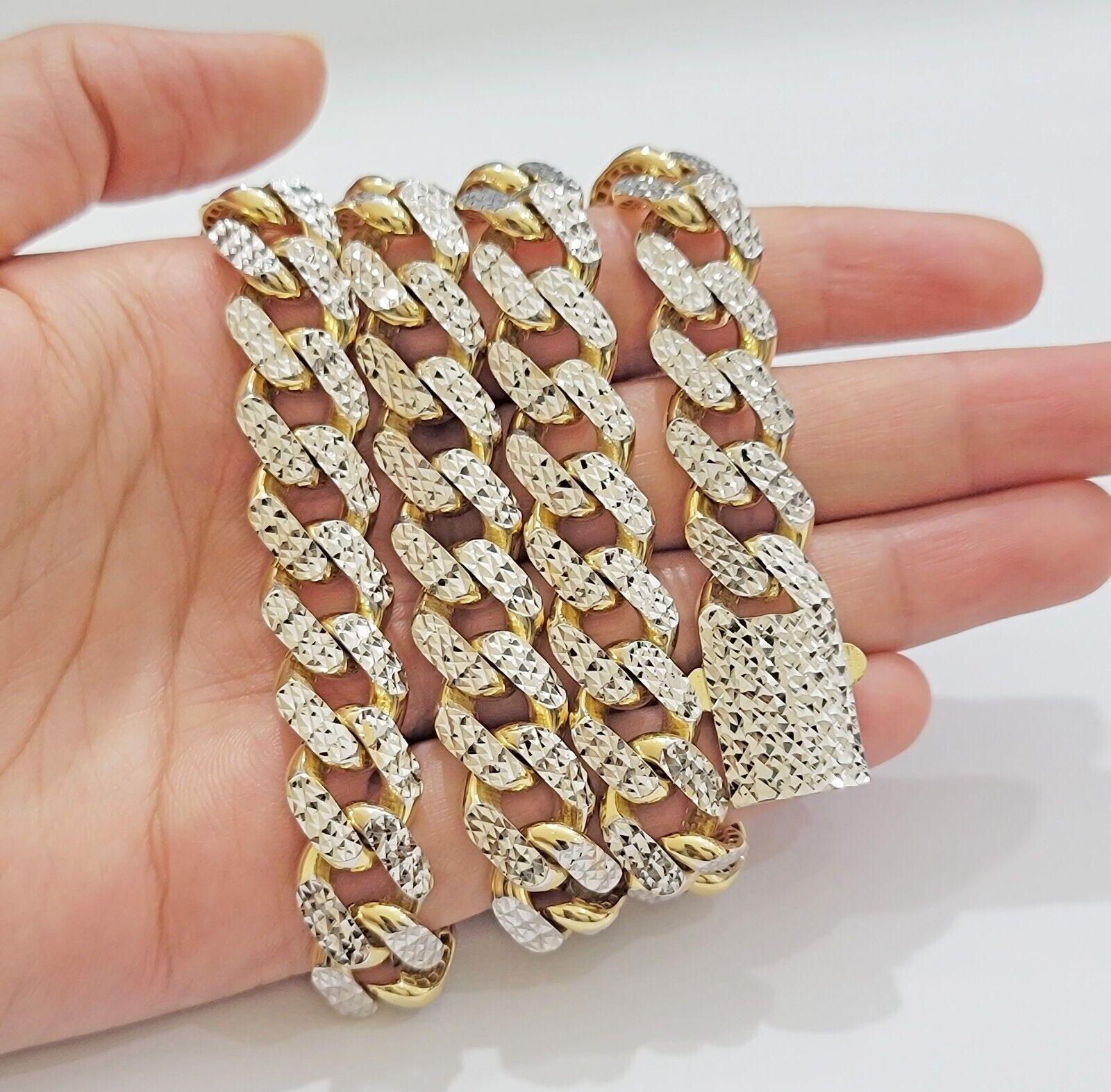 Real 10k Gold Chain Royal Miami Cuban Link Necklace 13mm 26" Rhodium Diamond Cut - GoldenlinQ