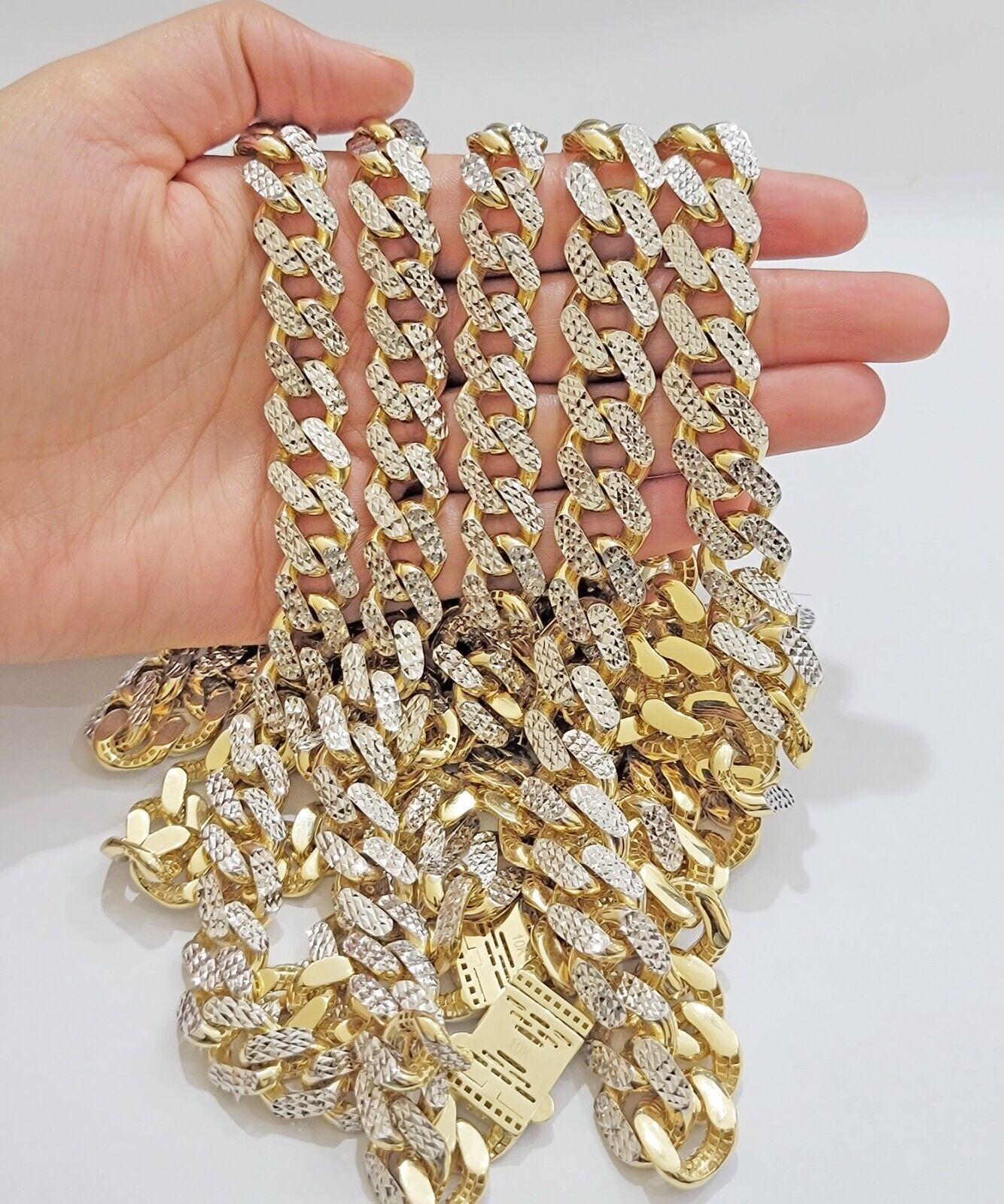 Real 10k Gold Chain Royal Miami Cuban Link Necklace 13mm 26" Rhodium Diamond Cut - GoldenlinQ