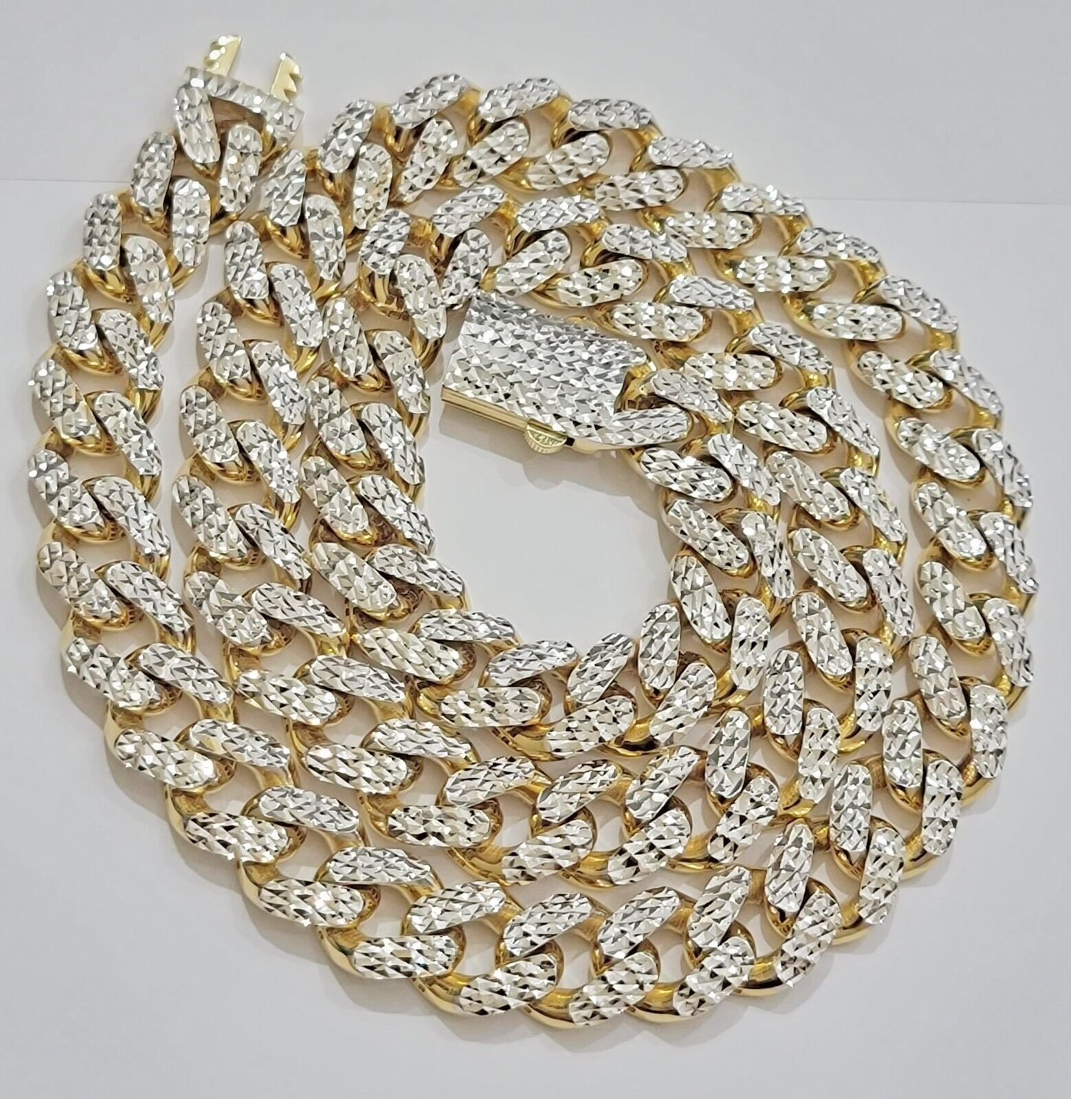 Real 10k Gold Chain Royal Miami Cuban Link Necklace 13mm 26" Rhodium Diamond Cut - GoldenlinQ