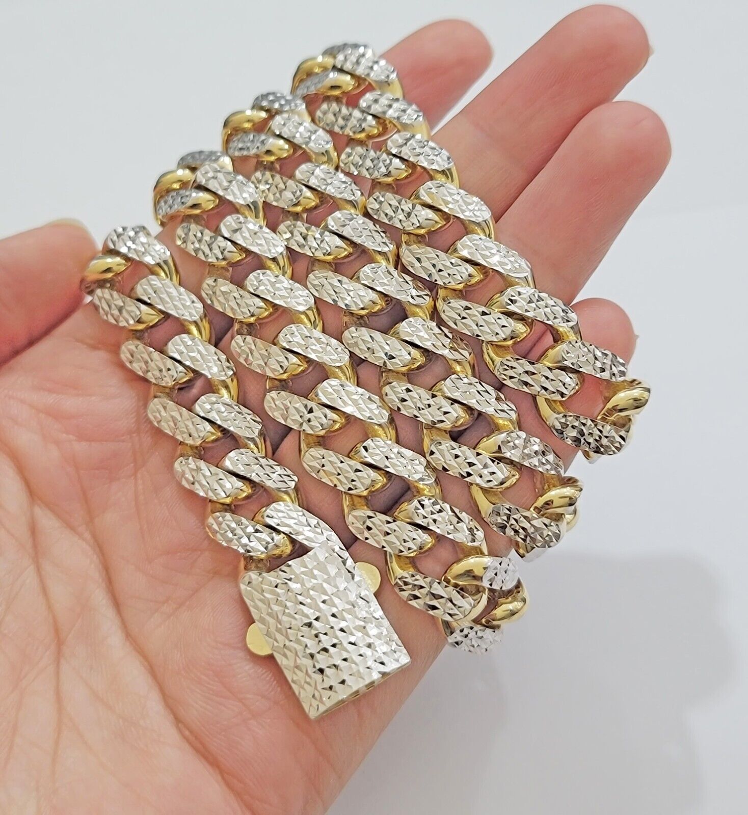 Real 10k Gold Chain Royal Miami Cuban Link Necklace 13mm 26" Rhodium Diamond Cut - GoldenlinQ