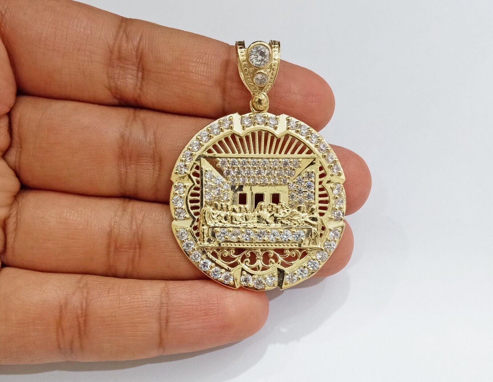 Real 10k Gold Circle Charm Last Supper Pendant 10kt Yellow Gold for Chain Men - GoldenlinQ