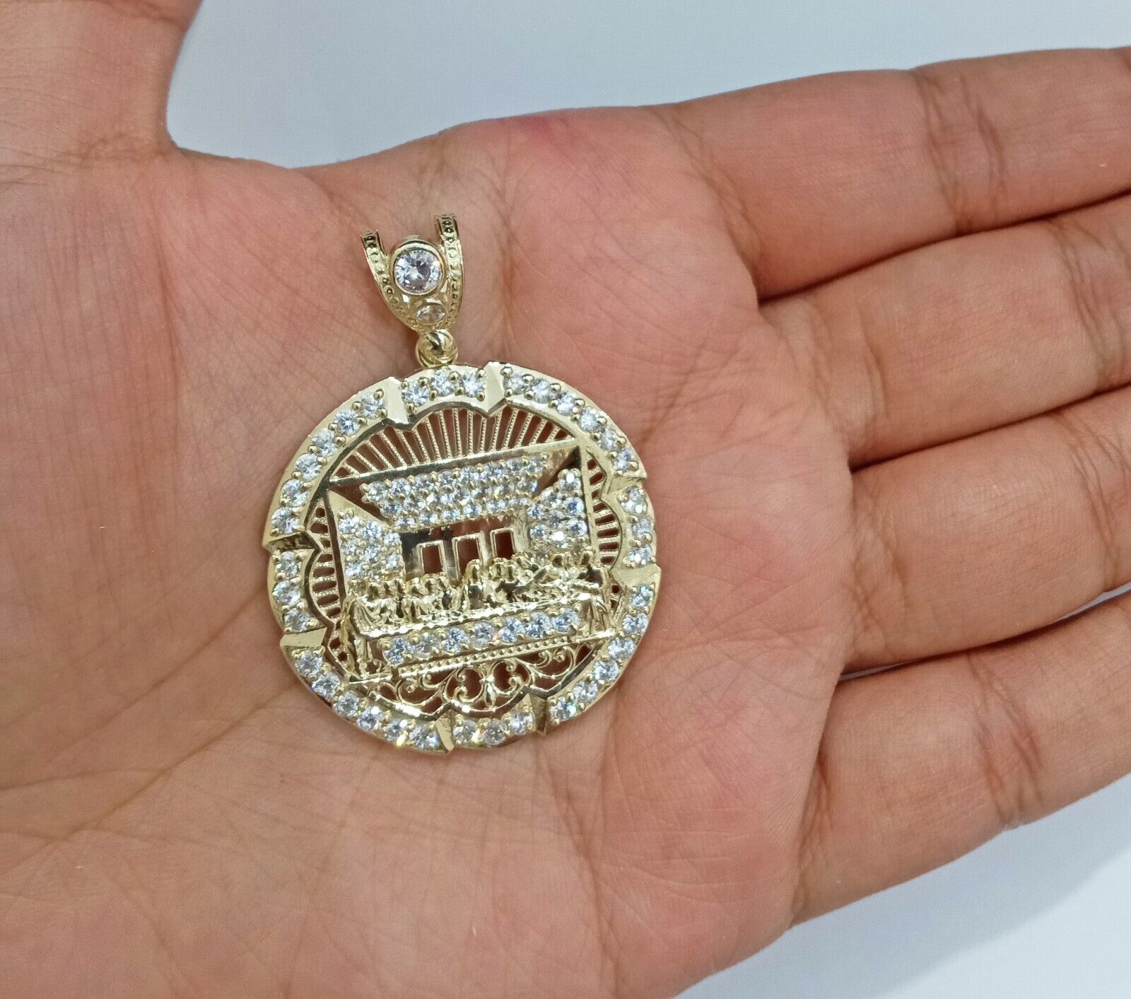 Real 10k Gold Circle Charm Last Supper Pendant 10kt Yellow Gold for Chain Men - GoldenlinQ