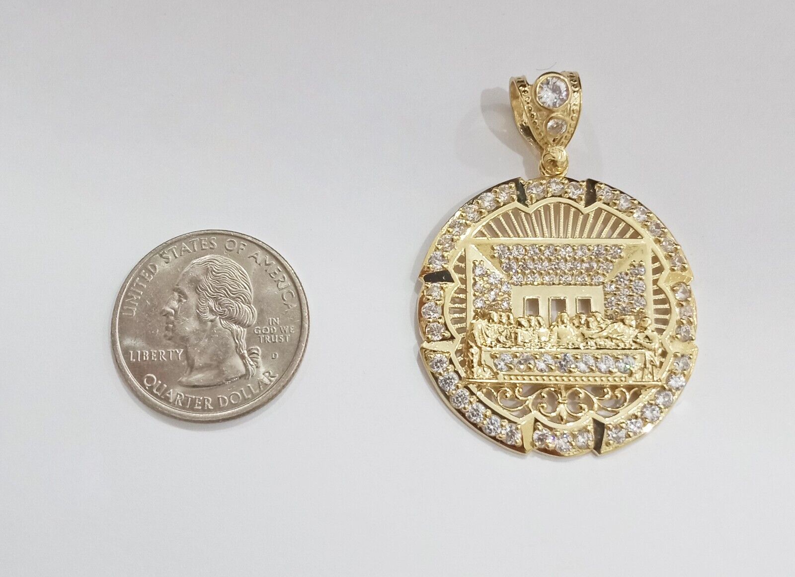 Real 10k Gold Circle Charm Last Supper Pendant 10kt Yellow Gold for Chain Men - GoldenlinQ