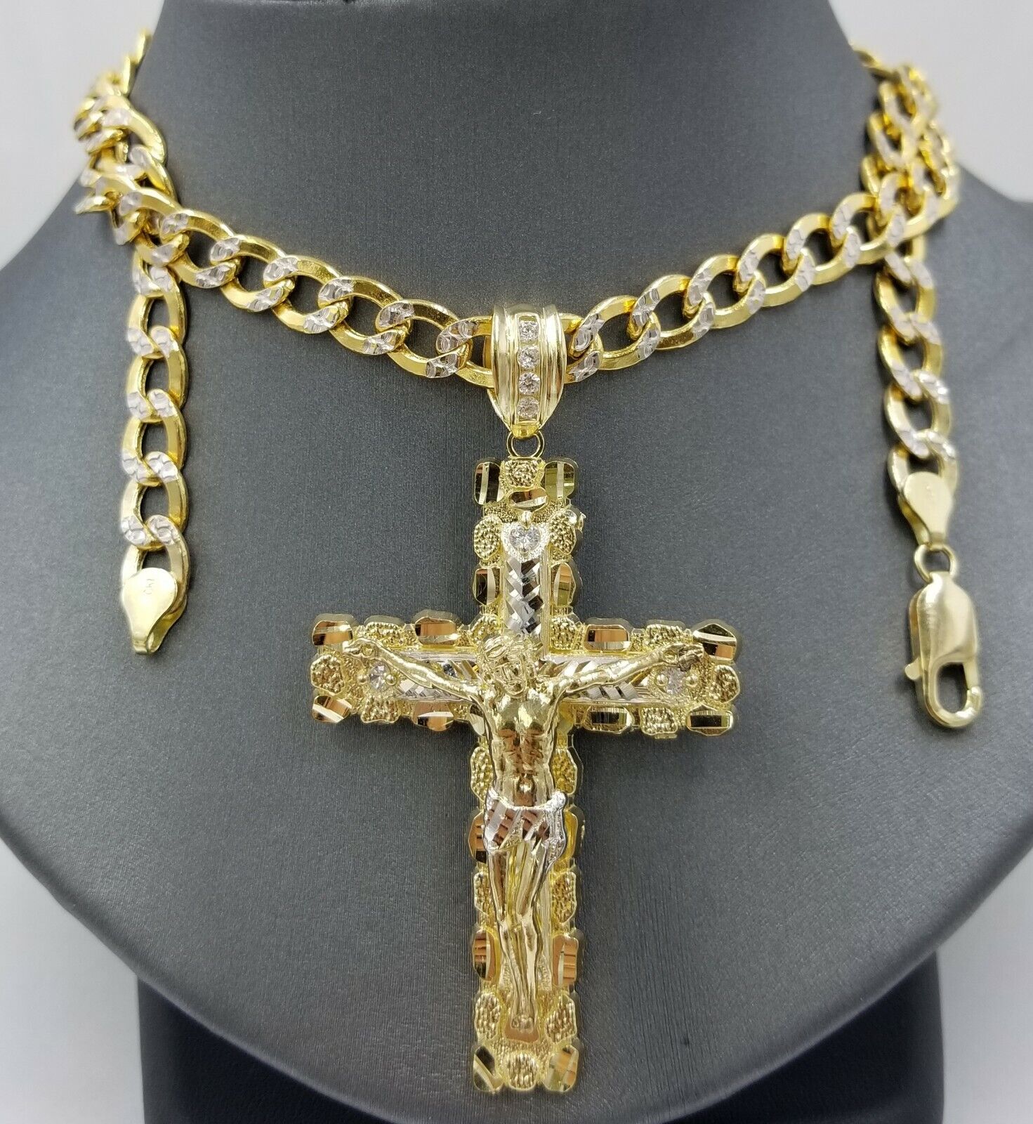 Real 10k Gold Cross And 10k Cuban Link 26" Necklace 3" Pendant Charm Chain Set - GoldenlinQ