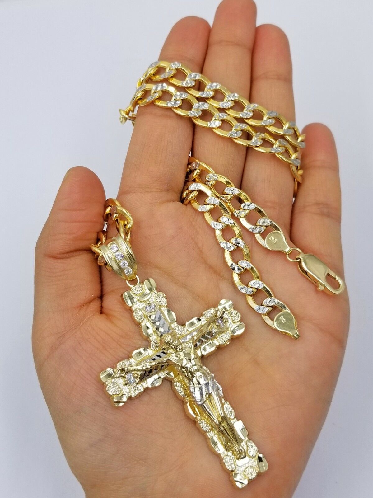 Real 10k Gold Cross And 10k Cuban Link 26" Necklace 3" Pendant Charm Chain Set - GoldenlinQ
