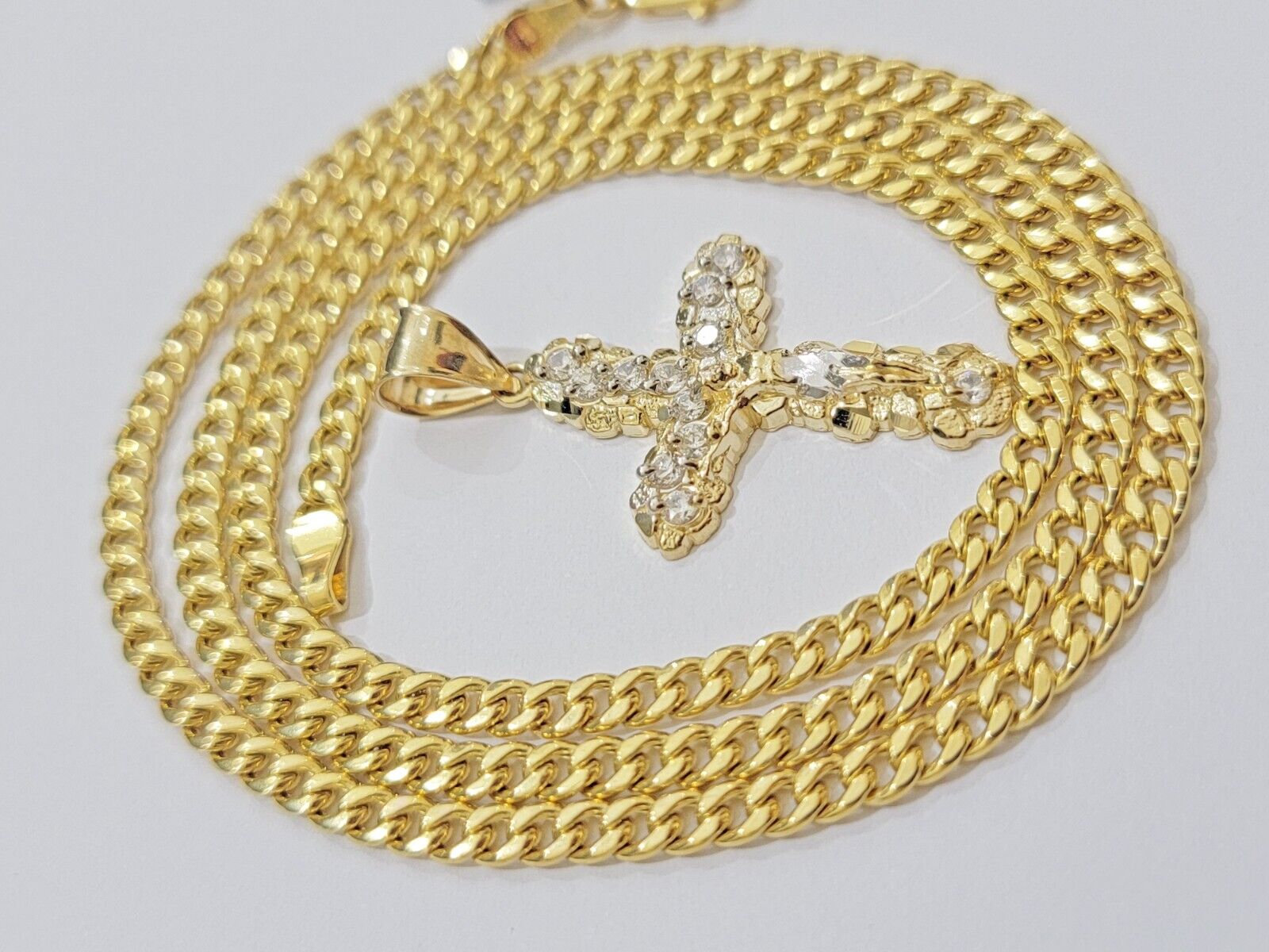 Real 10k Gold Cross Charm Pendant Chain SET 18 - 26" Miami Cuban Link Necklace Men - GoldenlinQ