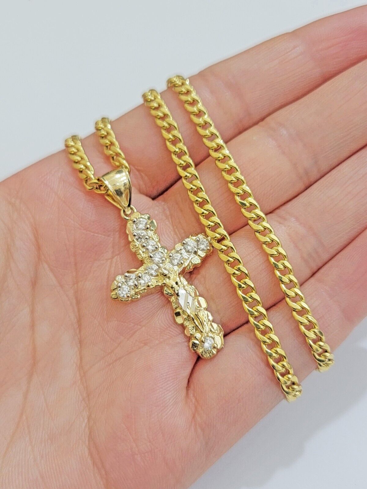 Real 10k Gold Cross Charm Pendant Chain SET 18 - 26" Miami Cuban Link Necklace Men - GoldenlinQ