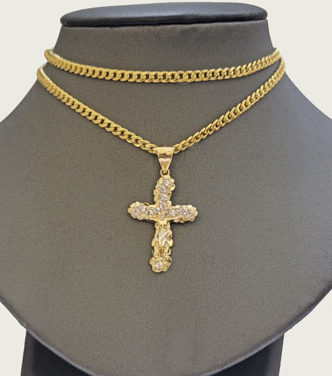 Real 10k Gold Cross Charm Pendant Chain SET 18 - 26" Miami Cuban Link Necklace Men - GoldenlinQ