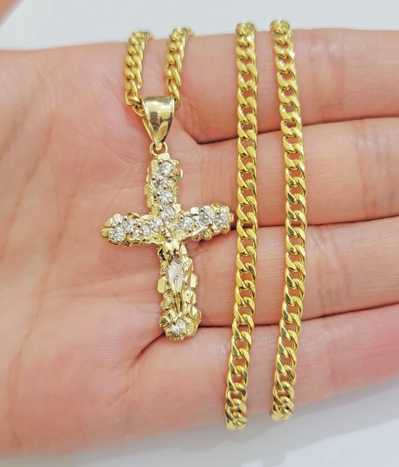 Real 10k Gold Cross Charm Pendant Chain SET 18 - 26" Miami Cuban Link Necklace Men - GoldenlinQ