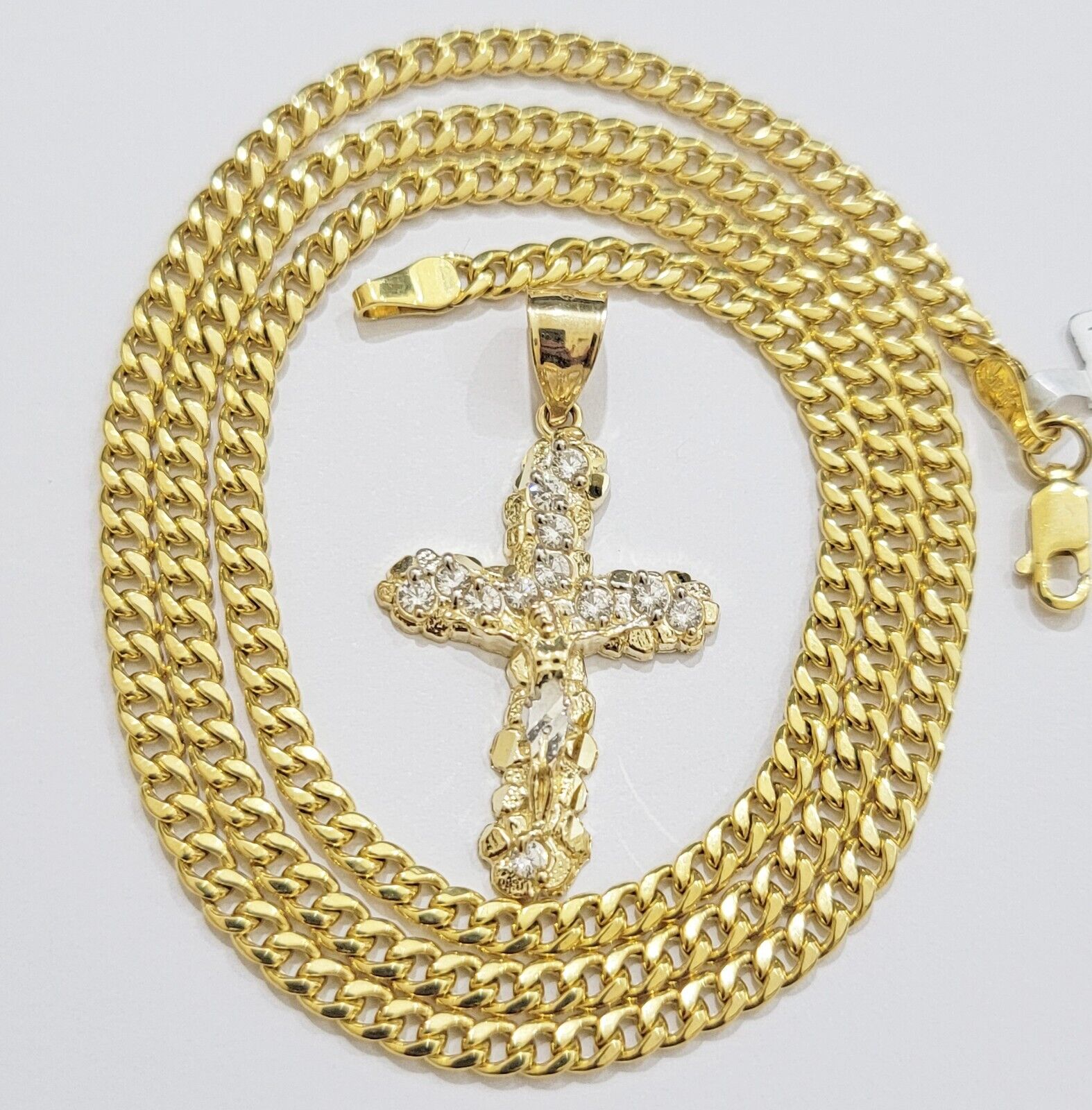Real 10k Gold Cross Charm Pendant Chain SET 18 - 26" Miami Cuban Link Necklace Men - GoldenlinQ