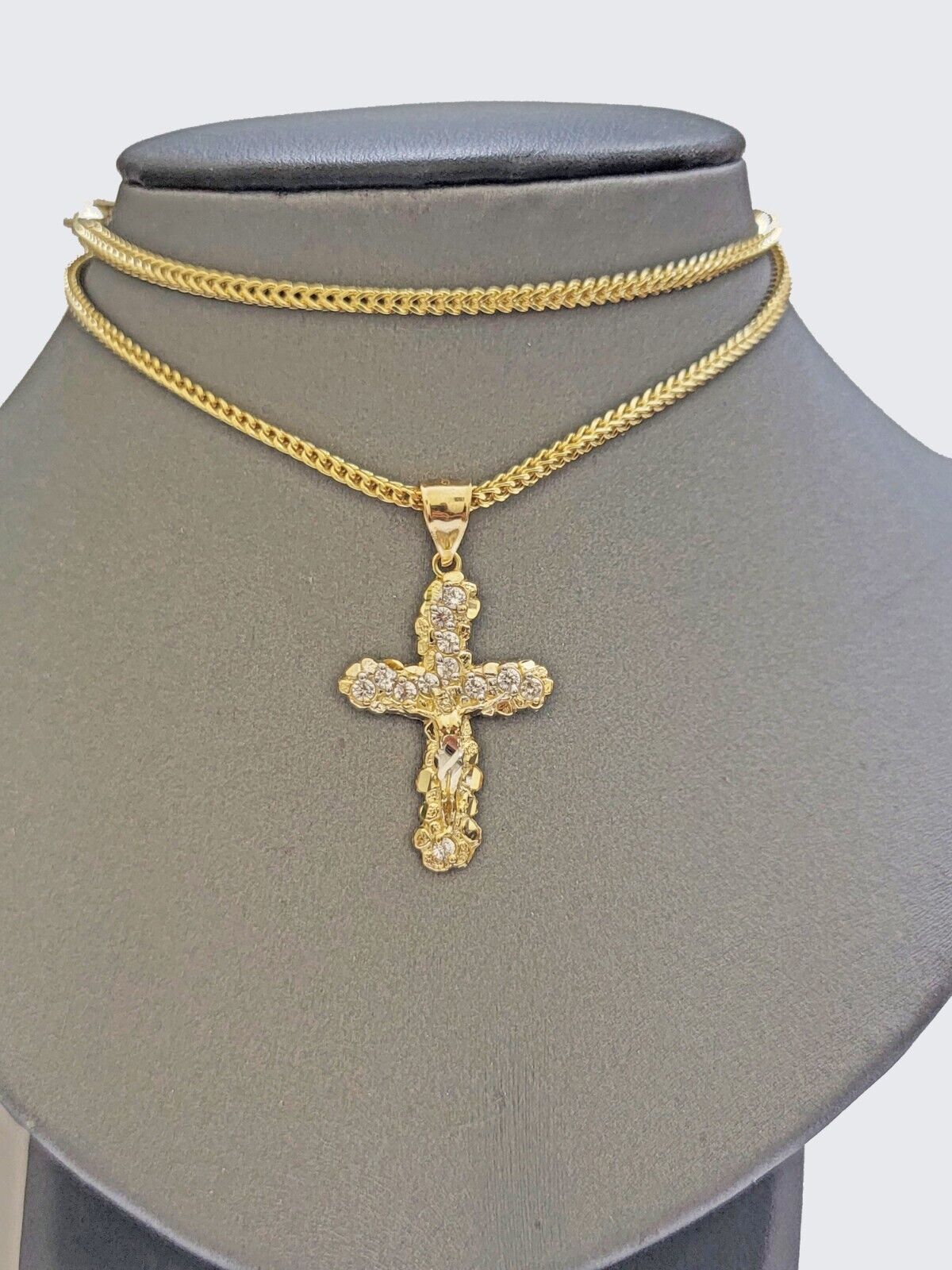 Real 10k Gold Cross Charm pendant & Franco Chain Necklace 2.5mm 18" Men Women - GoldenlinQ