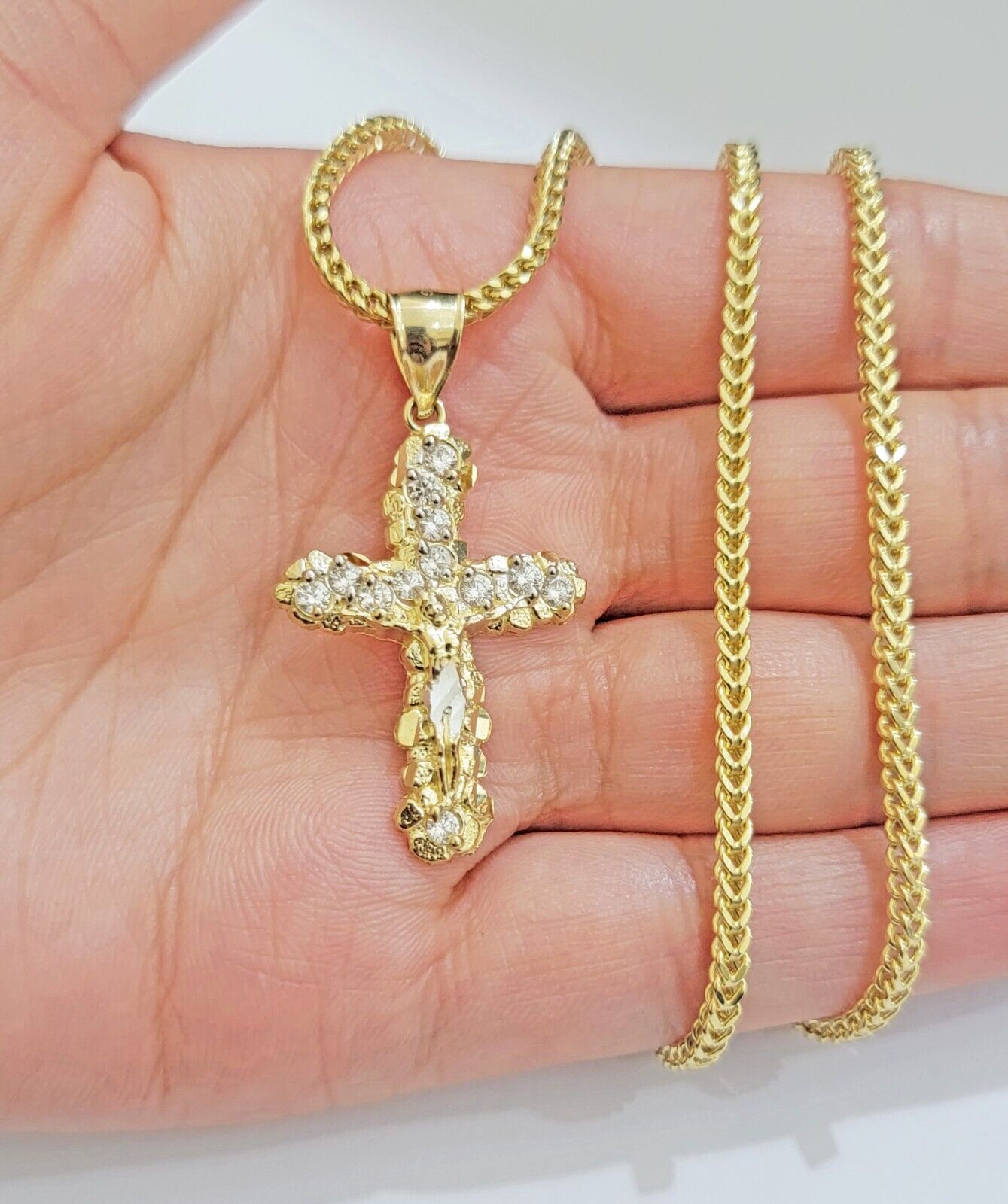 Real 10k Gold Cross Charm pendant & Franco Chain Necklace 2.5mm 20" Men Women - GoldenlinQ
