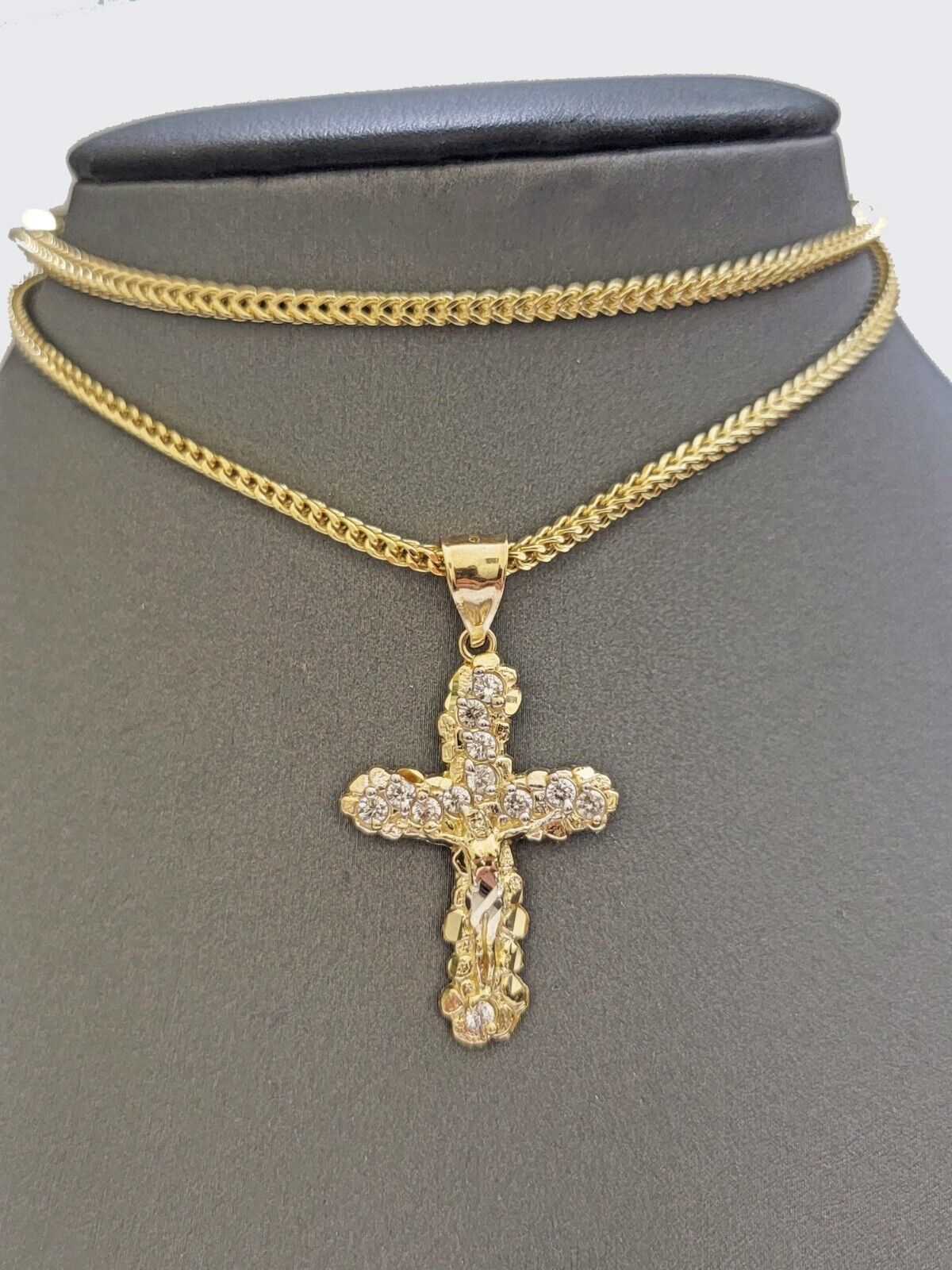 Real 10k Gold Cross Charm pendant & Franco Chain Necklace 2.5mm 22" Men Women - GoldenlinQ