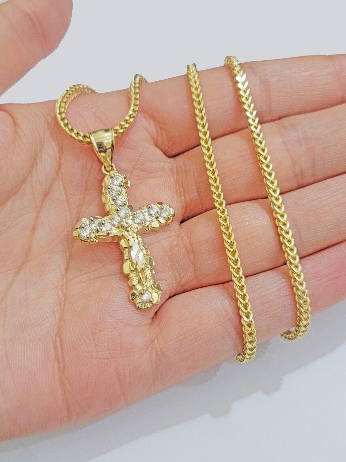 Real 10k Gold Cross Charm pendant & Franco Chain Necklace 2.5mm 22" Men Women - GoldenlinQ