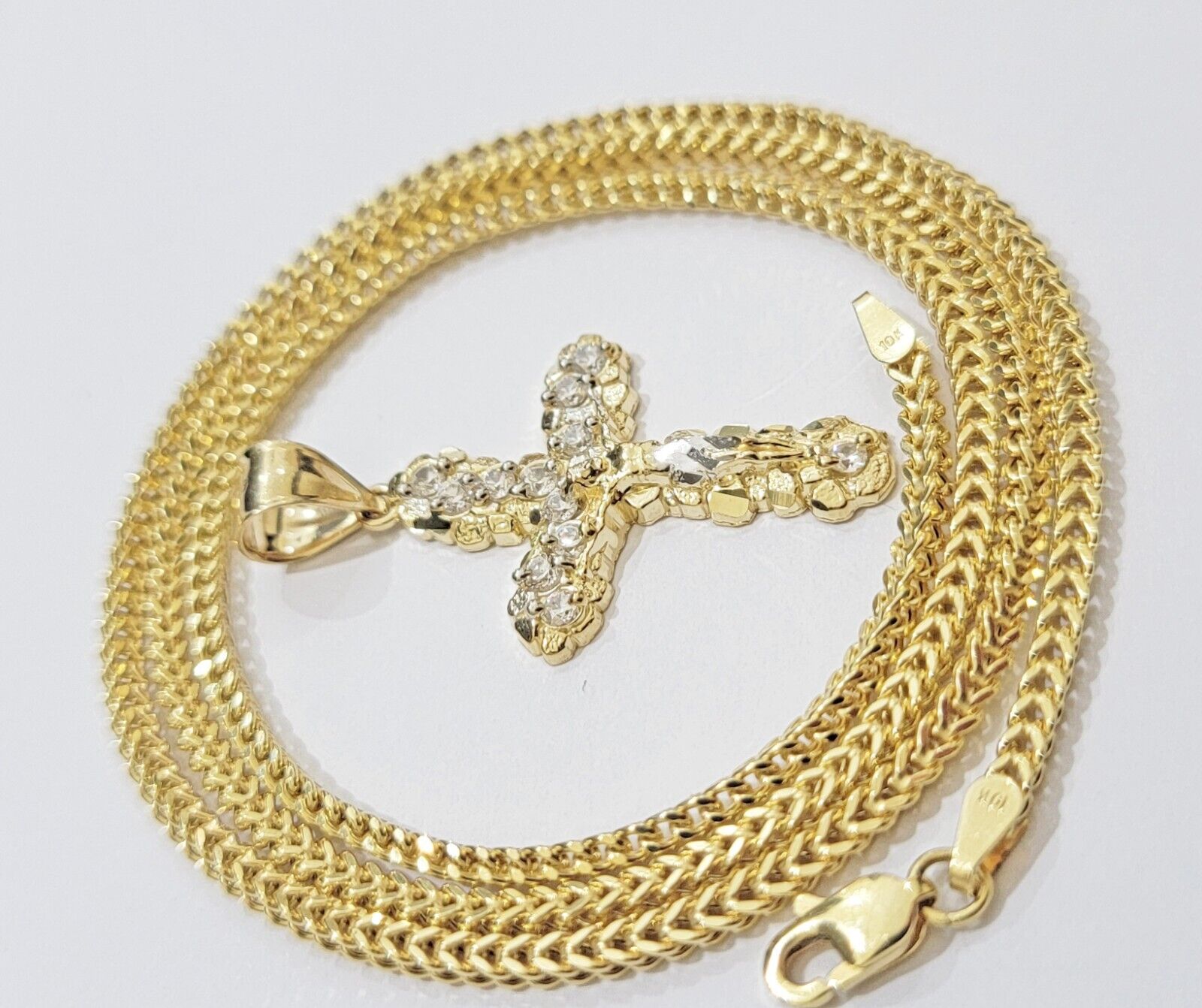 Real 10k Gold Cross Charm pendant & Franco Chain Necklace 2.5mm 24" Men Women - GoldenlinQ