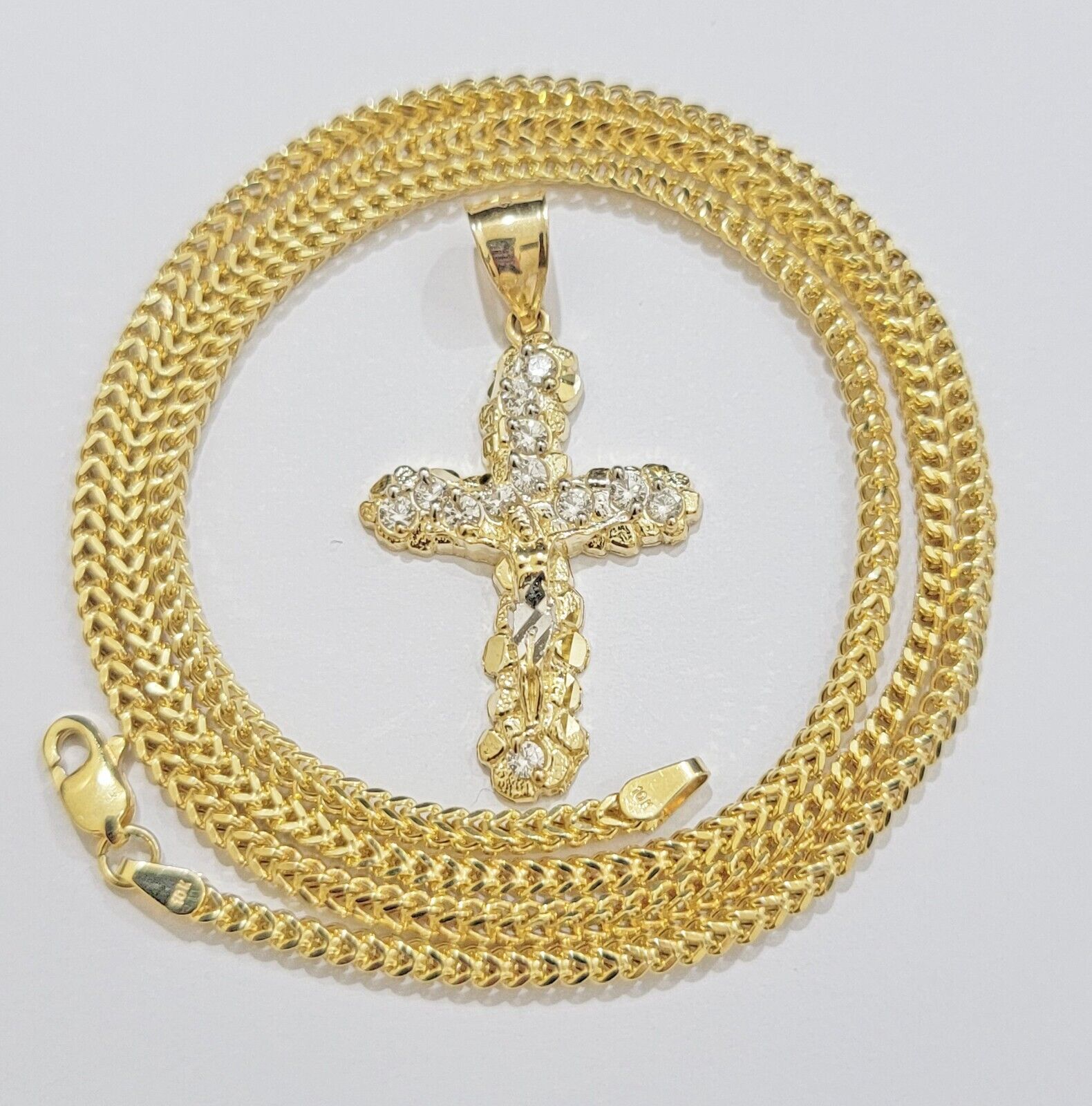 Real 10k Gold Cross Charm pendant & Franco Chain Necklace 2.5mm 24" Men Women - GoldenlinQ