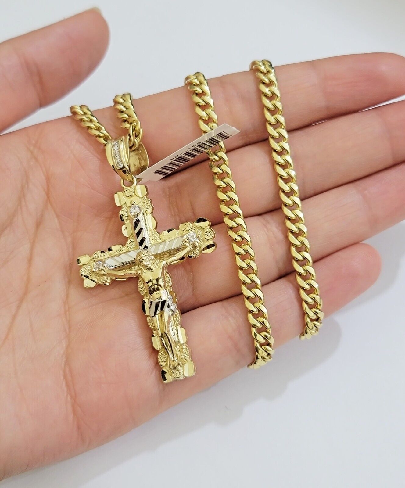 Real 10k Gold Cross Charm pendant Necklace SET 5mm Miami Cuban Link chain 18 - 28" - GoldenlinQ