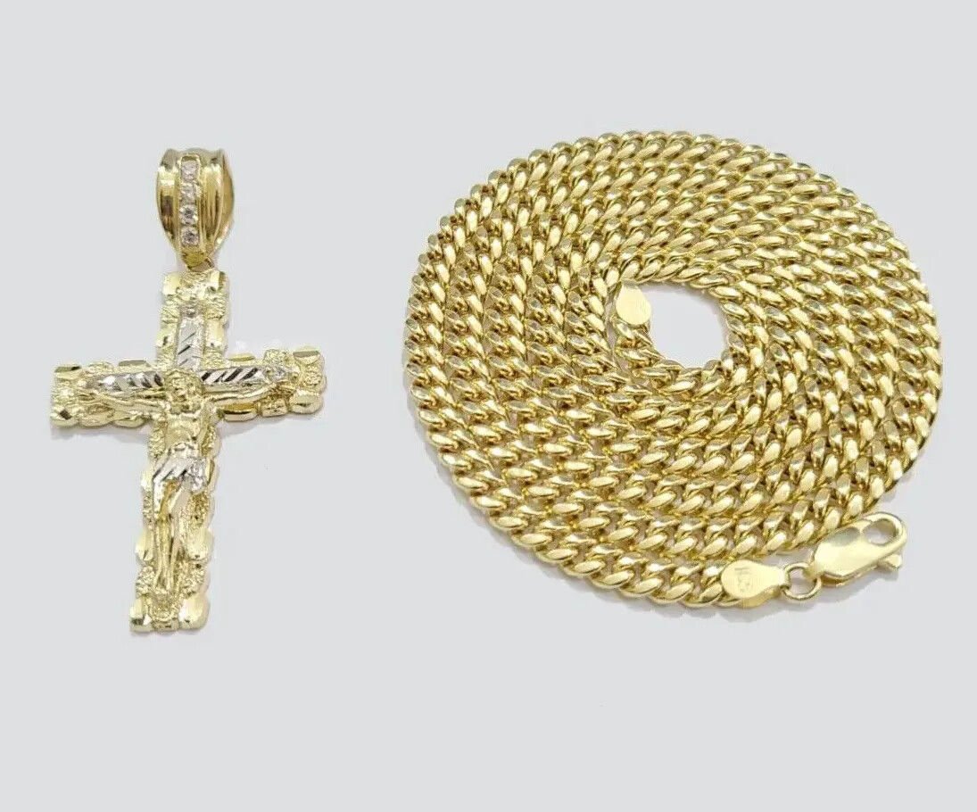 Real 10k Gold Cross Charm pendant Necklace SET 5mm Miami Cuban Link chain 18 - 28" - GoldenlinQ