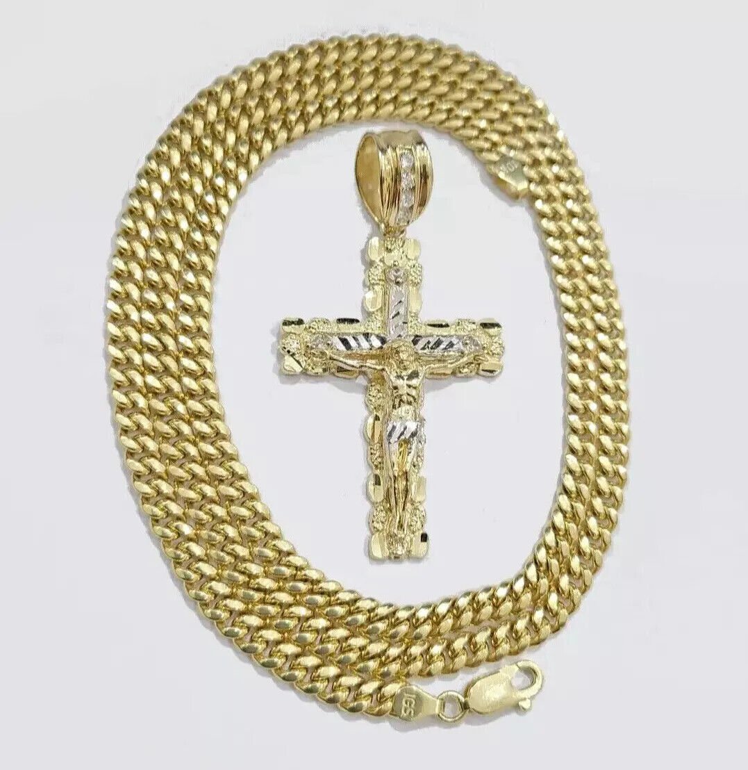 Real 10k Gold Cross Charm pendant Necklace SET 5mm Miami Cuban Link chain 18 - 28" - GoldenlinQ
