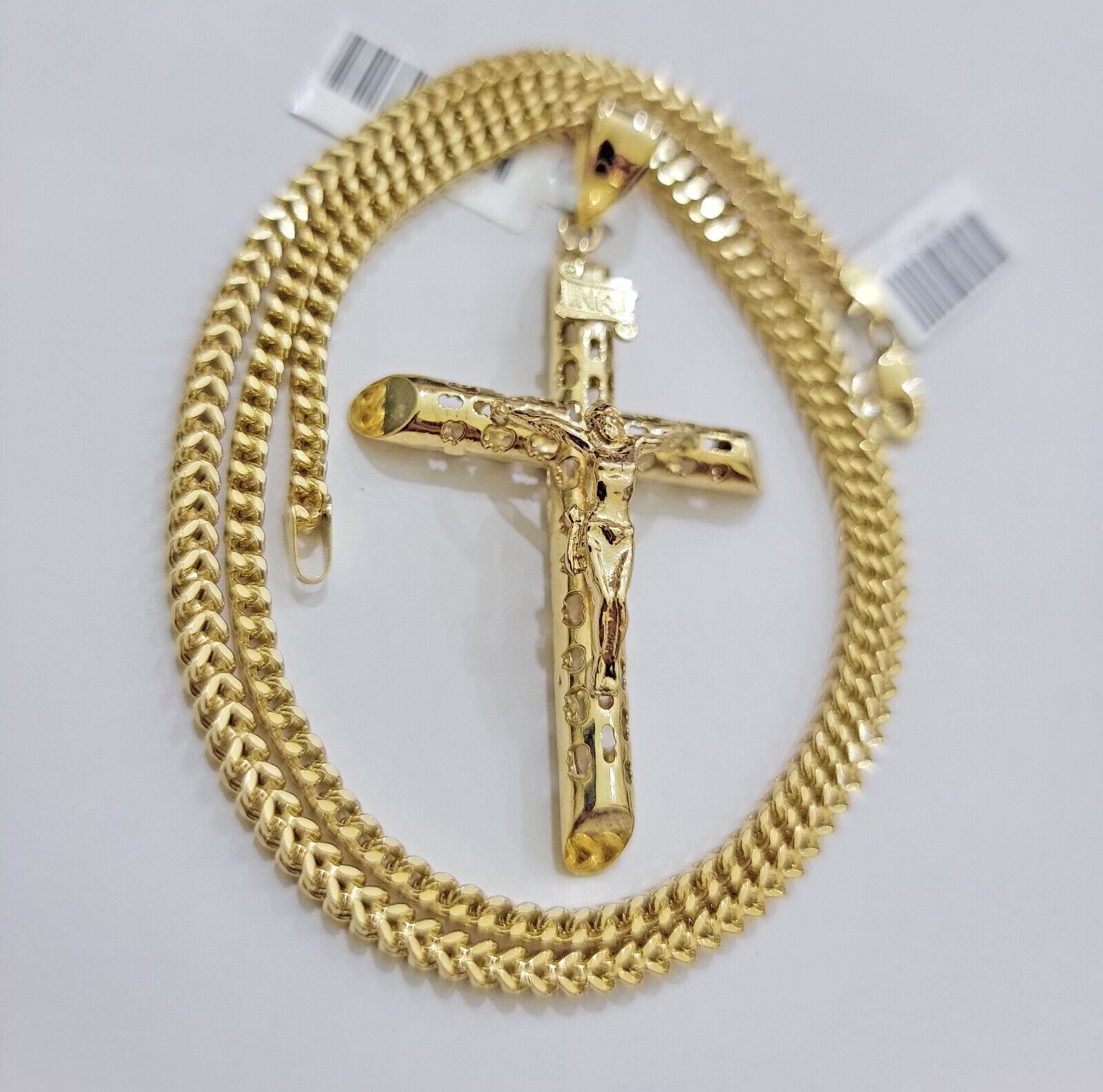 REAL 10k Gold Cross Pendant Franco Chain Necklace 20" - 26 Inch & Jesus Crucifix - GoldenlinQ