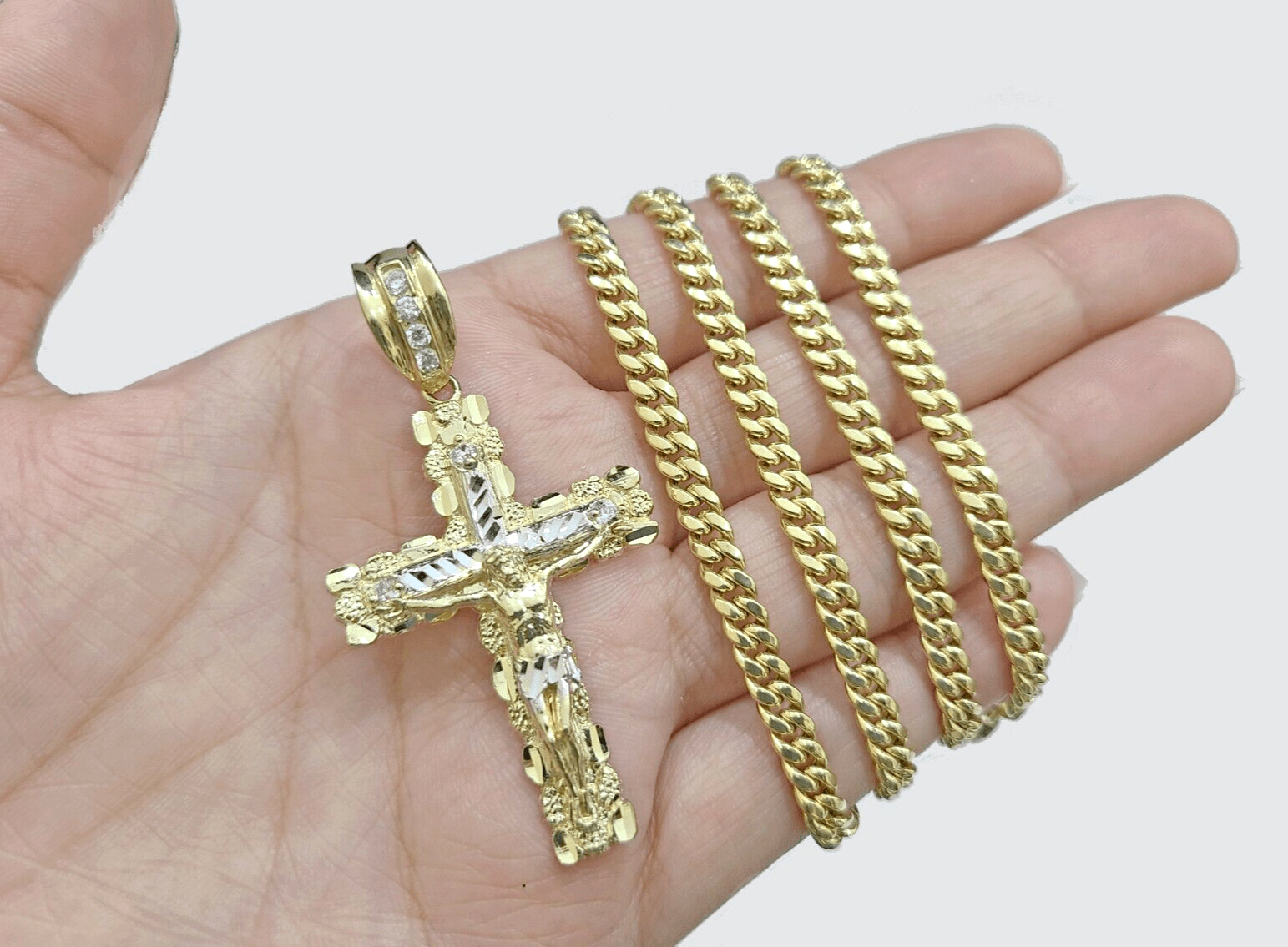 Real 10k Gold Cross Pendant Necklace 22 Inch SET Chain 5mm Miami Cuban Link 10KT - GoldenlinQ
