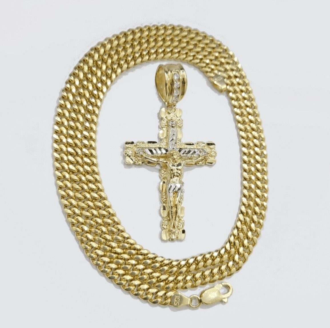 Real 10k Gold Cross Pendant Necklace 24 Inch SET Chain 5mm Miami Cuban Link 10KT - GoldenlinQ