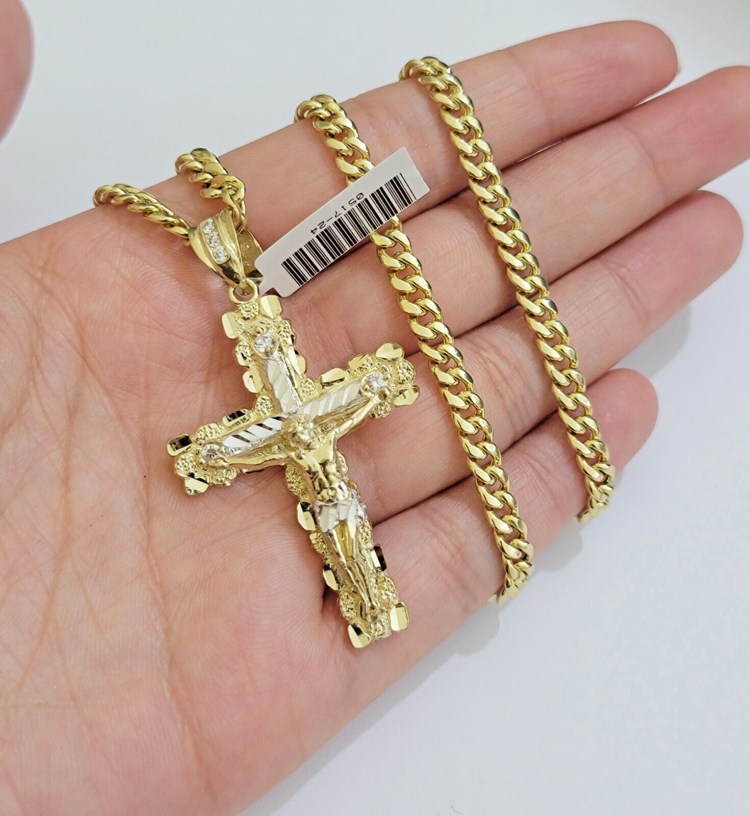 Real 10k Gold Cross Pendant Necklace 24 Inch SET Chain 5mm Miami Cuban Link 10KT - GoldenlinQ