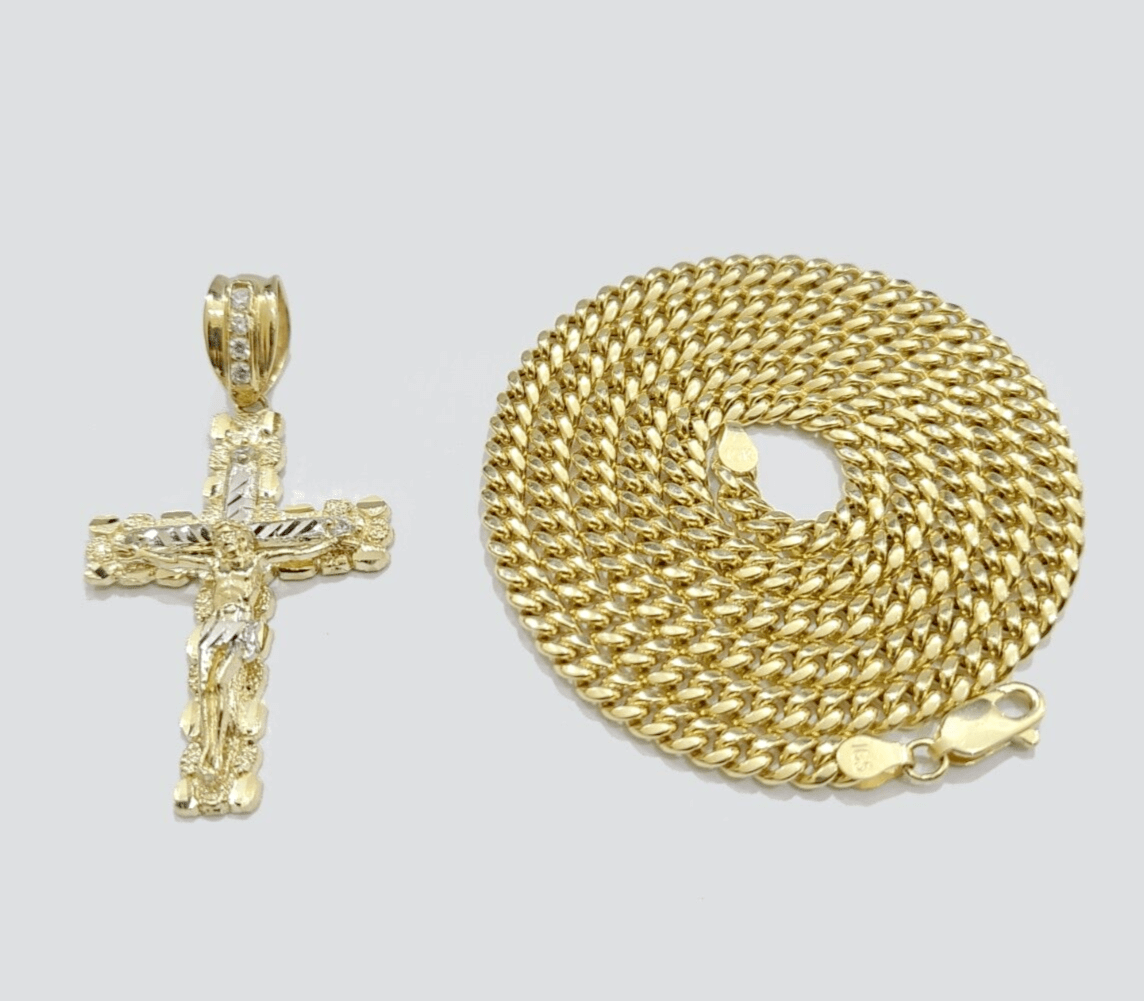 Real 10k Gold Cross Pendant Necklace 26 Inch SET Chain 5mm Miami Cuban Link 10KT - GoldenlinQ