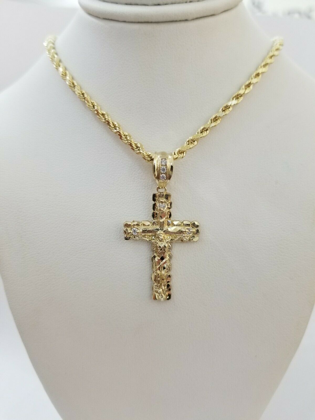 Real 10k Gold Cross & Solid Rope Chain 4mm Necklace Charm & Pendant Set 16" - 28" - GoldenlinQ