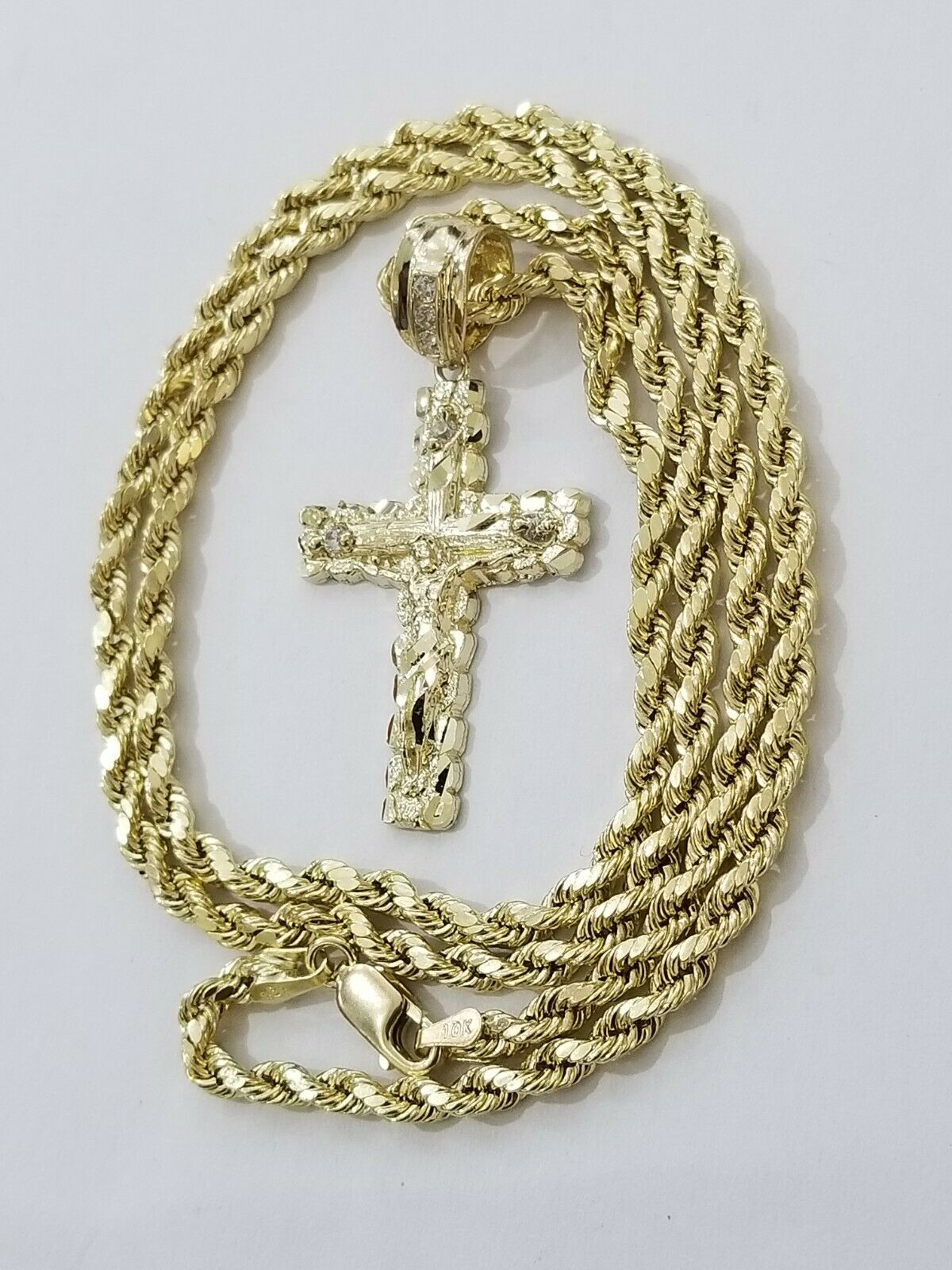 Real 10k Gold Cross & Solid Rope Chain 4mm Necklace Charm & Pendant Set 16" - 28" - GoldenlinQ