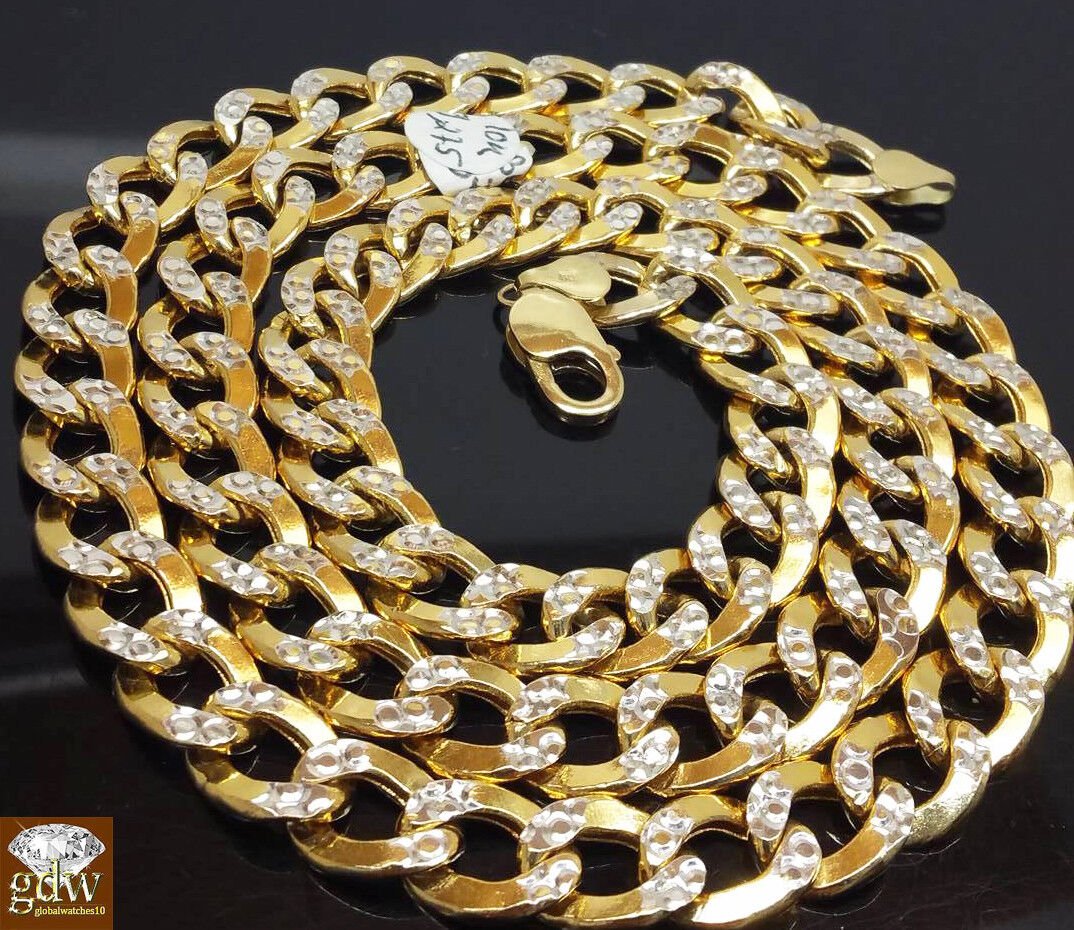 Real 10k Gold Cuban Curb Link Chain 10mm 24 Inch Two - tone Diamond Cut Necklace - GoldenlinQ